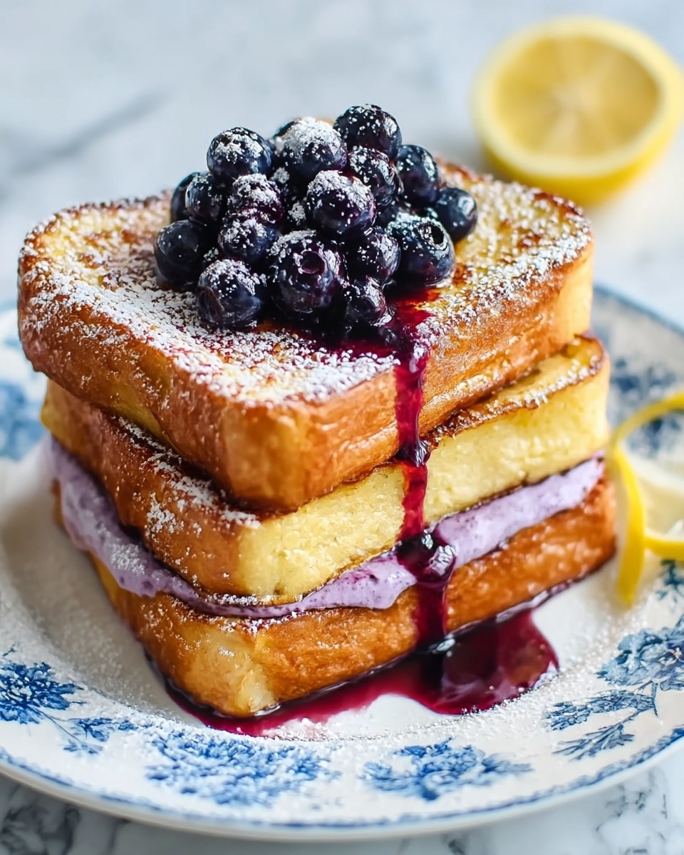 Two thick slices of golden brown French toast stacked on a white plate with blue floral patterns. Between the slices is a purple creamy spread that oozes slightly out the sides. On top of the stack is a pile of shiny, fresh blueberries, some soaked in dark purple syrup that drips onto the plate. The French toast is dusted with a light white powdered sugar, and a lemon slice is partially visible on the right side on a white marbled surface. photo taken with an iphone --ar 4:5 --v 7