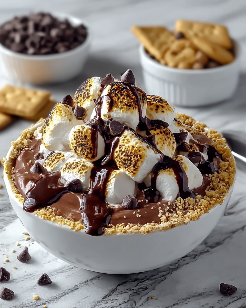 A white bowl filled with thick chocolate pudding as the base layer, topped with crushed golden-brown graham crackers sprinkled around the edges. Above this is a generous mound of toasted marshmallows with golden and dark brown char marks, drizzled heavily with glossy, dark chocolate sauce that drips over the marshmallows and pudding. Small dark chocolate chips are scattered over the top, adding texture. In the background is a small white bowl filled with chocolate chips and some graham crackers lying on a white marbled surface. photo taken with an iphone --ar 4:5 --v 7