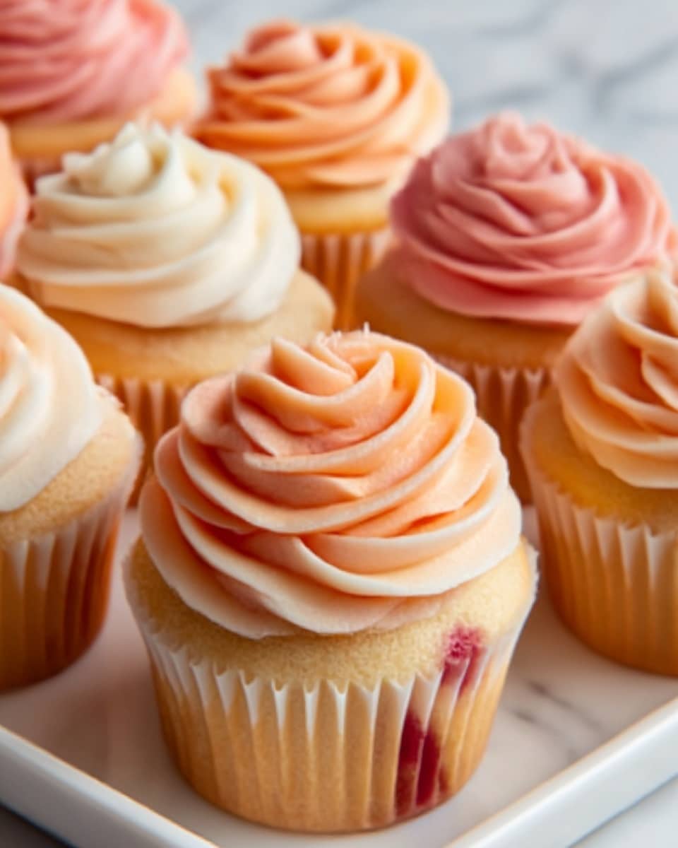 The image shows several cupcakes with three layers of frosting swirled on top. The bottom frosting is white and smooth, the middle layer is a pale orange with a soft creamy texture, and the top layer is a deeper pinkish orange, all piped in a rose shape. The cupcakes have a light golden brown base with a slightly visible red spot inside, placed closely together on a white tray. The background is a white marbled texture. Photo taken with an iphone --ar 4:5 --v 7
