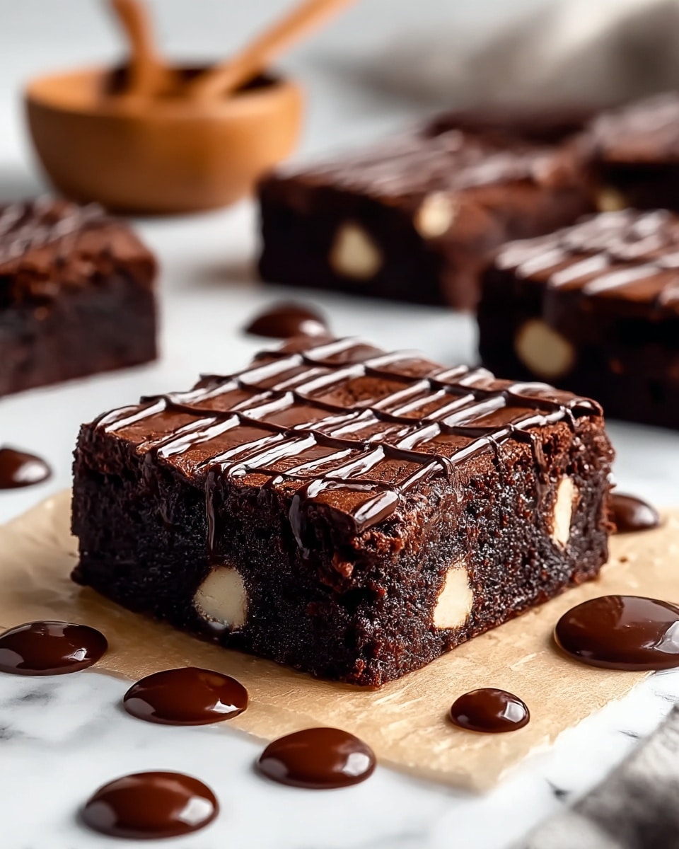 A close-up of a thick, dark chocolate brownie square with white chunks scattered inside, sitting on a piece of parchment paper on a white marbled surface. The top of the brownie has shiny, smooth chocolate drizzle in a crisscross pattern. Around the brownie, there are several small dollops of glossy chocolate sauce. In the background, more brownie squares with the same drizzle are slightly blurred, along with a wooden bowl and spoon. The overall look is rich and moist, with a focus on the texture and chocolate detail. photo taken with an iphone --ar 4:5 --v 7