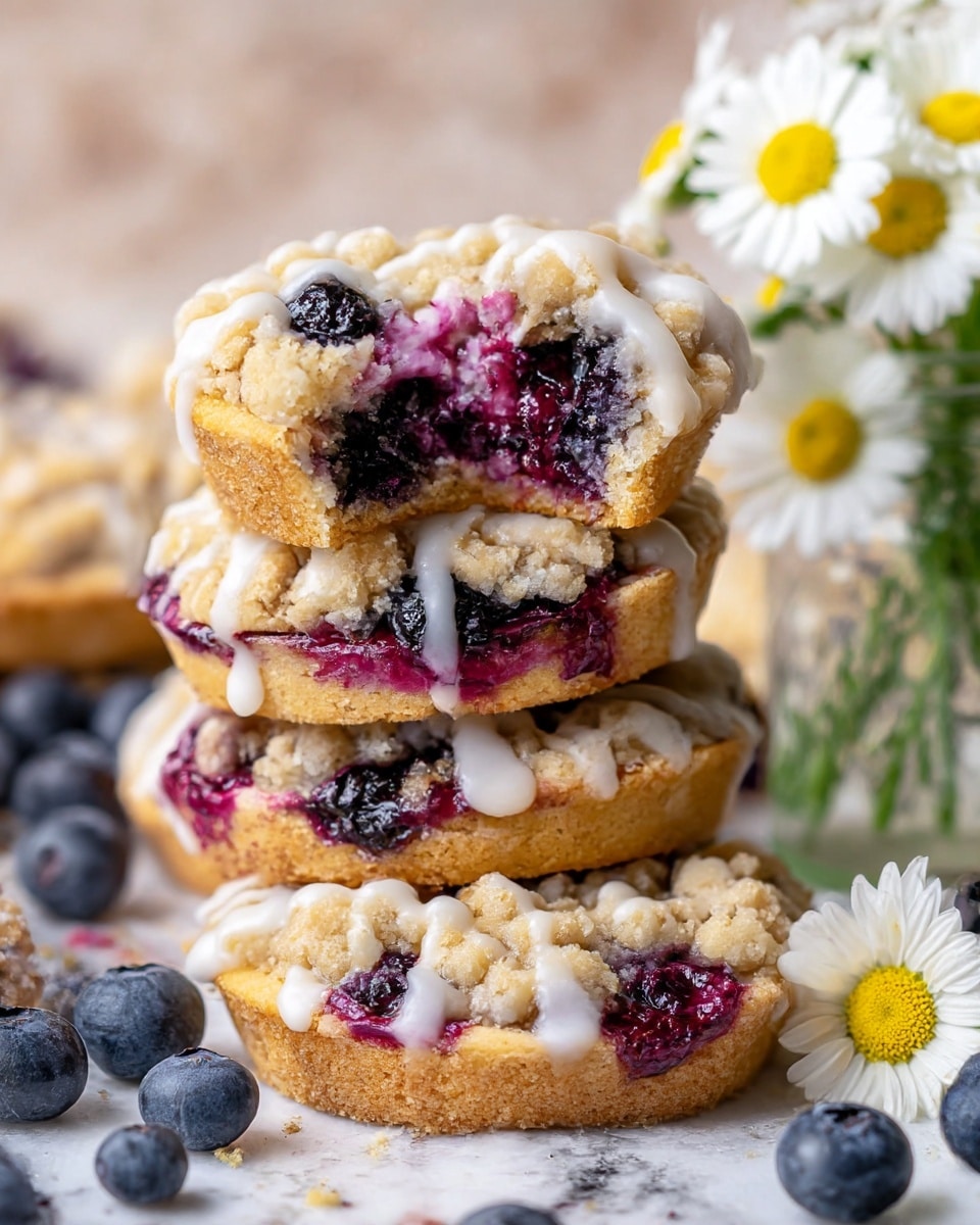 The image shows a stack of crumbly blueberry pastries with three main layers: a base golden crumbly crust, a middle layer filled with vibrant deep purple blueberry jam mixed with whole blueberries, and a top layer of chunky golden crumble dotted with a light drizzle of white icing. The top pastry has a bite taken out, revealing the soft, gooey blueberry filling inside. Fresh blueberries are scattered around the pastries, sitting on a white marbled surface. To the right, a small glass jar holds white and yellow daisy flowers, adding a fresh touch to the scene. Photo taken with an iphone --ar 4:5 --v 7