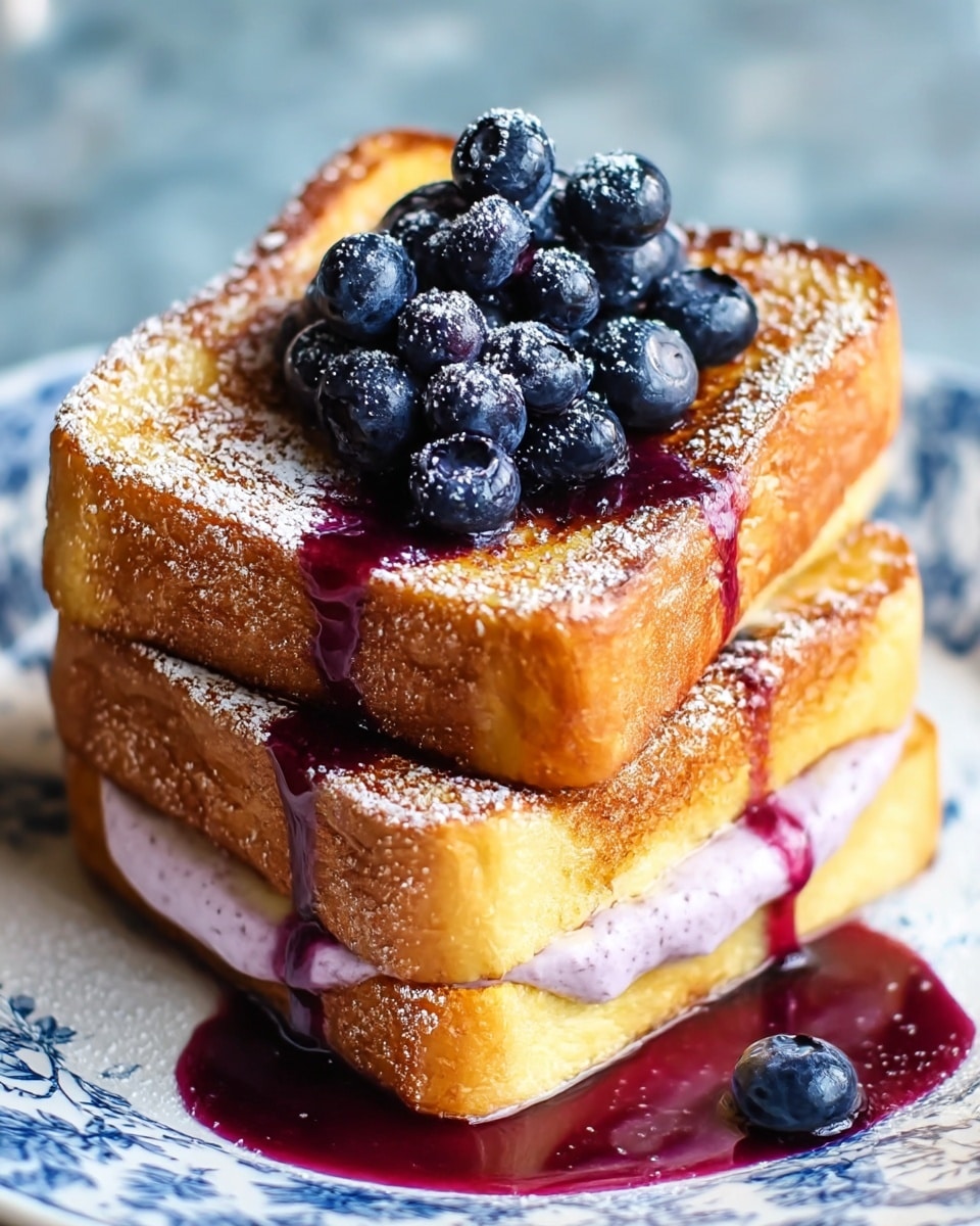 Two thick slices of golden brown French toast are stacked on a white plate with blue patterns, with the top slice slightly tilted. Between the slices, there is a creamy layer of light purple blueberry-flavored spread, oozing a bit from the side. On top of the stack, a pile of shiny fresh blueberries sits over a drizzle of deep purple syrup, which also pools around the base of the toast on the plate. The toast is dusted with a sprinkle of white powdered sugar, adding a soft texture to the golden crust. Photo taken with an iphone --ar 4:5 --v 7