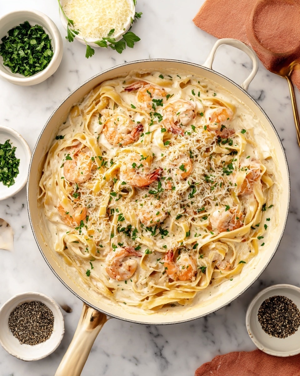A white pan filled with shrimp fettuccine Alfredo shows three layers: the bottom creamy white sauce, the middle pale yellow fettuccine pasta in thick, flat ribbons, and the top orange shrimp pieces scattered evenly, with chopped green parsley sprinkled on top. Around the pan, there are small white bowls with green herbs, grated cheese, and coarse black pepper, all placed on a white marbled surface. Photo taken with an iphone --ar 4:5 --v 7