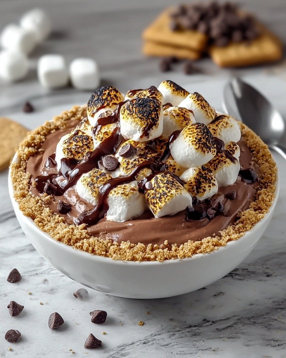 A white bowl filled with thick, creamy chocolate mousse as the base layer, topped with crushed light brown graham crackers spread around the edges. On top, there is a generous layer of toasted marshmallows browned with a golden black texture. Drizzled over the marshmallows is a glossy dark chocolate sauce, with small dark chocolate chips sprinkled around for extra texture. The bowl is set on a white marbled surface with a spoon visible on the right side, and blurred chocolate chips and crackers in the background. Photo taken with an iphone --ar 4:5 --v 7