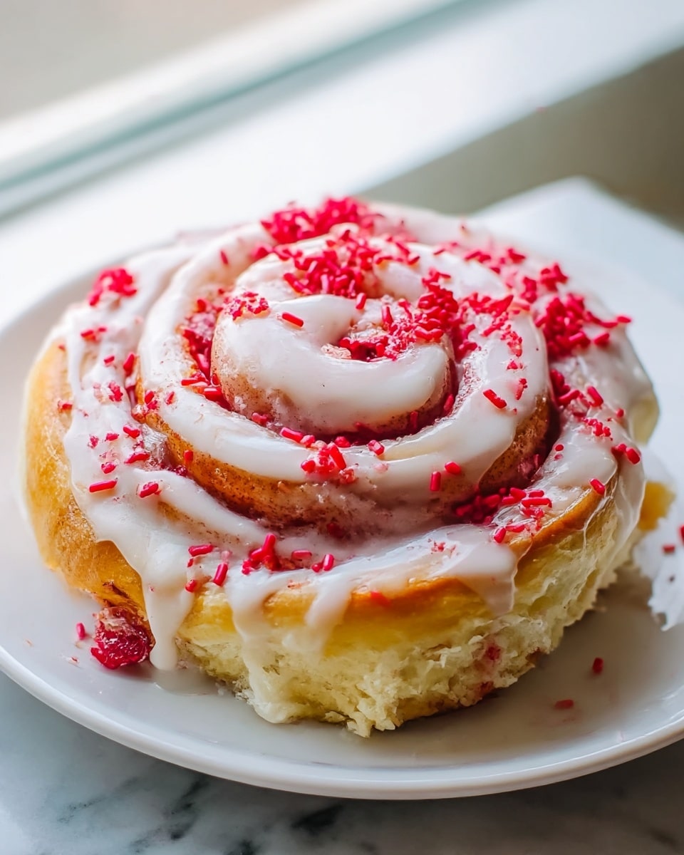 A close-up of a single cinnamon roll on a white plate, showing three visible spiral layers of golden-brown dough with a thick spread of white icing carefully drizzled over the top layer and some flowing slightly down the sides. Bright red sprinkles are scattered generously on the icing and some parts of the dough, adding a pop of color. The cinnamon roll's texture is soft and fluffy, with visible swirls of cinnamon and red filling inside the layers. The plate rests on a white marbled surface near soft natural light coming through a window. photo taken with an iphone --ar 4:5 --v 7