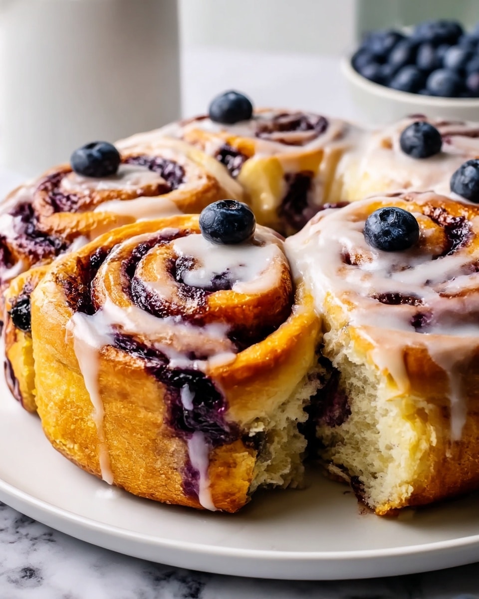 A close-up view of a round blueberry cinnamon roll cake with four visible spirals, each spiral showing golden-brown dough layered with dark purple blueberry filling. Each roll is topped with a glossy white icing that drips slightly down the sides, with a few whole blueberries resting on the icing. The inside of the cake reveals a soft, fluffy texture with more blueberry filling embedded in the layers. The cake sits on a white plate placed on a white marbled surface. In the background, there is a blurred bowl of fresh blueberries. Photo taken with an iphone --ar 4:5 --v 7