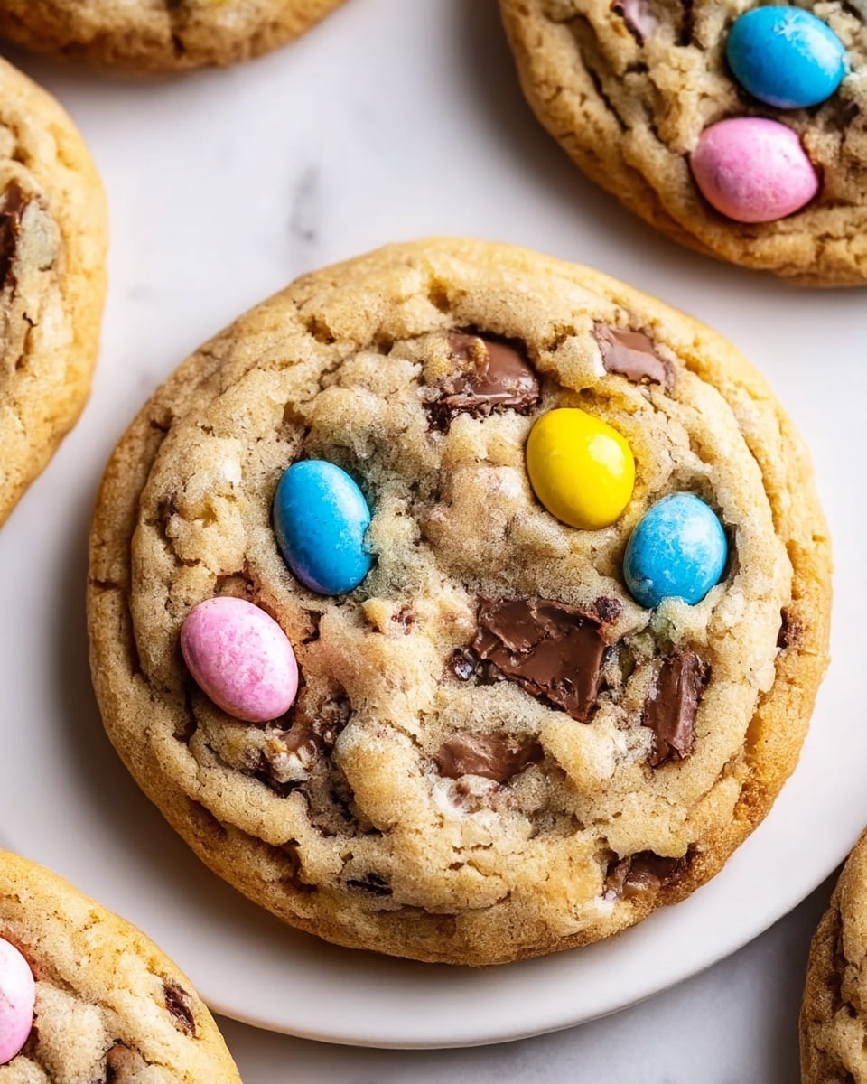 A close-up view of a soft, thick cookie with a golden-brown color and slightly cracked surface, embedded with colorful candy-coated chocolate eggs in pastel pink, blue, and yellow. The cookie dough is light brown with melted chocolate chunks spread unevenly throughout, giving it a gooey texture. The cookie sits on a smooth, white plate against a white marbled background, with parts of other similar cookies visible around the edges. Photo taken with an iphone --ar 4:5 --v 7