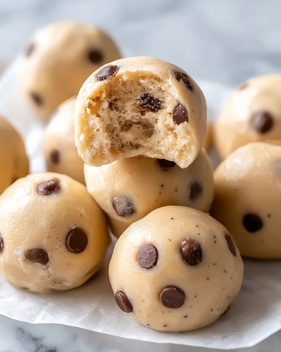 The image shows several light beige cookie dough balls with dark brown chocolate chips mixed inside. One cookie dough ball is on top and has a bite taken out of it, showing a soft, slightly crumbly inside with the same beige dough texture and chocolate chips visible. The dough balls have a smooth, slightly shiny surface with tiny black vanilla specks scattered throughout. They sit on white parchment paper placed on a white plate, and the background features a white marbled texture. photo taken with an iphone --ar 4:5 --v 7