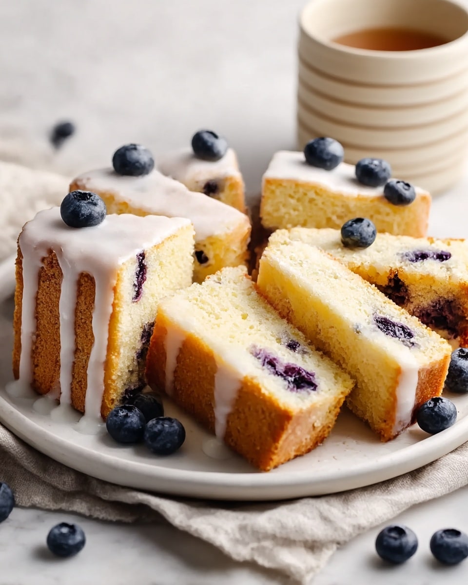 A white plate holds six thick slices of light yellow blueberry cake arranged in a circular shape. Each slice shows dark purple blueberries baked into the soft, fluffy texture. A white icing glaze drips down from the top edges of the slices, with a few fresh blueberries placed on top of the glaze and scattered around the plate. The plate sits on a beige cloth over a white marbled surface. In the blurred background, there is a light beige cup with subtle horizontal lines. photo taken with an iphone --ar 4:5 --v 7