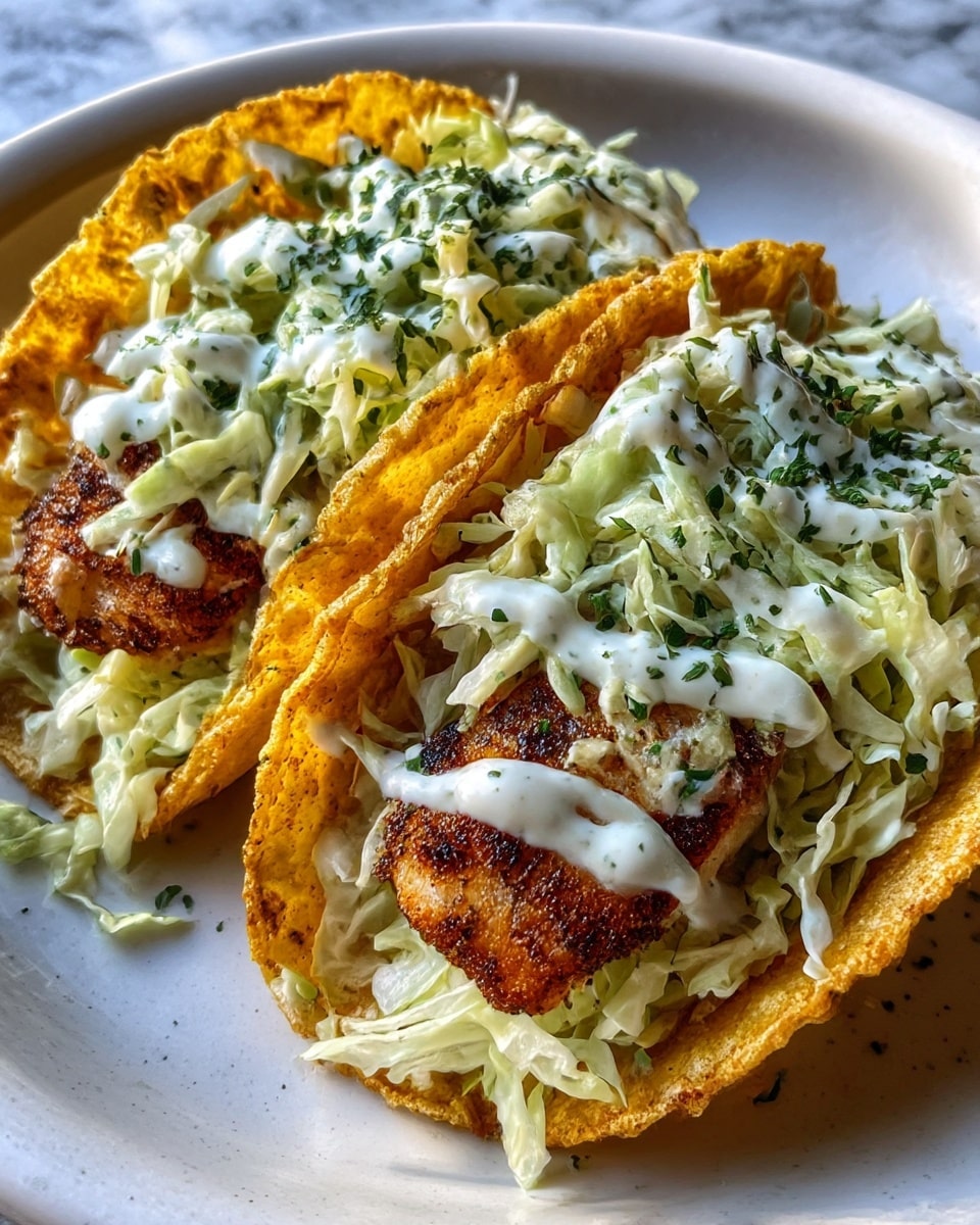 Two crispy tacos on a white plate with a white marbled texture background, each taco having three layers: a golden-brown crunchy shell with textured edges, a spicy dark brown grilled fish piece inside, and a topping of fresh light green shredded lettuce covered in a drizzle of white creamy sauce with green herbs sprinkled on top. photo taken with an iphone --ar 4:5 --v 7