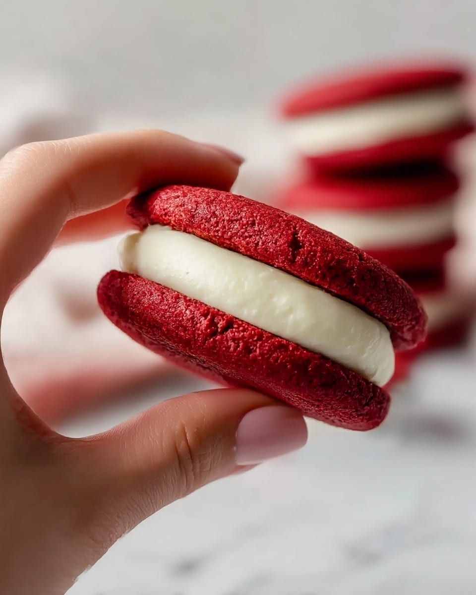 Five red velvet sandwich cookies are stacked on a white plate with soft edges, placed over a red textured cloth on a white marbled surface. Each cookie has two red, slightly textured, round layers with smooth white cream filling in the middle. The cream is thick and decorated with small red, pink, and white heart-shaped sprinkles that cling mostly to the edges of the filling. The background is bright and blurred, making the vibrant red cookies stand out. photo taken with an iphone --ar 4:5 --v 7