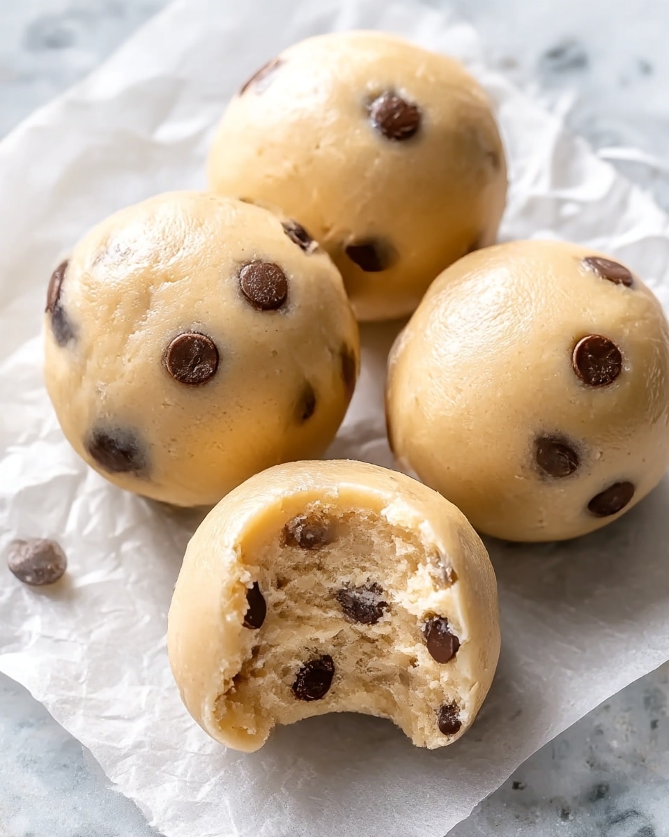The image shows four cookie dough balls, three whole and one with a bite taken out of it showing the soft, light beige inside with small chocolate chips scattered throughout. Each dough ball is round and smooth with a pale, creamy color and visible dark brown chocolate chips embedded on the surface. They rest on a piece of white parchment paper over a white marbled textured surface. The close-up view highlights the soft, slightly moist texture of the dough and the glossy finish on the outside. Photo taken with an iphone --ar 4:5 --v 7