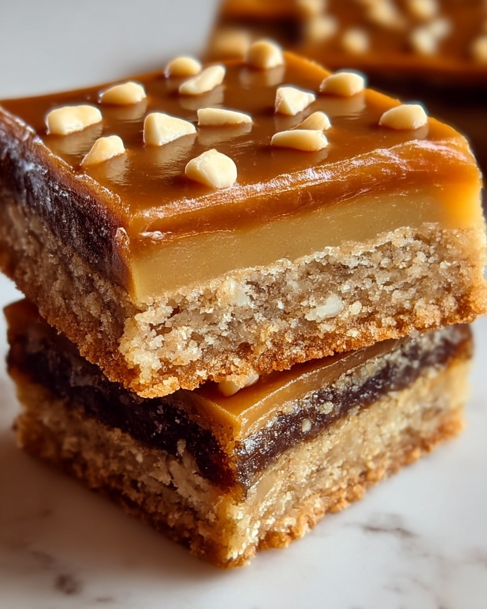 A close-up view of two stacked square dessert bars on a white marbled surface, each bar showing three layers: a crumbly light brown base layer, a middle layer of dense dark brown filling with a moist texture, and a smooth glossy caramel-colored top layer decorated with small, light beige nut pieces evenly scattered. The edges reveal the thickness and crumbly texture of the bars. Photo taken with an iphone --ar 4:5 --v 7