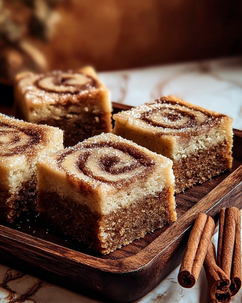 The image shows four square pieces of cinnamon swirl cake arranged closely on a dark wooden tray. Each piece has two layers; the bottom layer is a moist, crumbly, brown cake, and the top layer is a lighter beige cake with a cinnamon swirl pattern visible in the center. The surface of each piece has a slight shine, and a light dusting of granulated sugar is scattered on top. To the right side of the tray, two whole cinnamon sticks rest parallel to the cakes. The background features a soft focus with warm, earthy tones and a white marbled texture. photo taken with an iphone --ar 4:5 --v 7