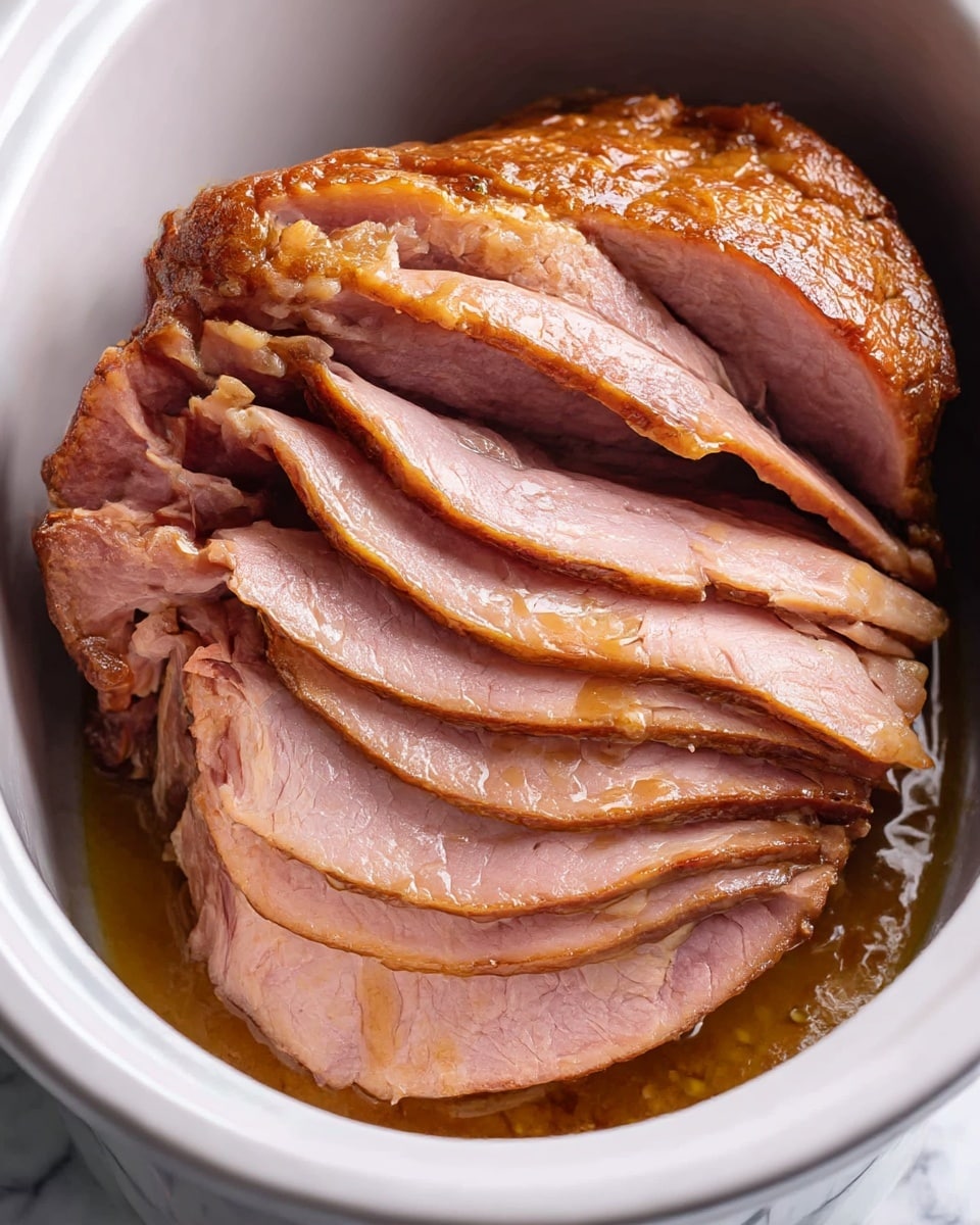 A close-up of a slow cooker filled with a spiral-cut ham that has about 15 visible slices. The ham has a light pink interior and a browned outer glaze with a shiny texture. Each slice is thin and layered neatly, showing the cooked juicy texture inside and the slightly crispy, dark brown glazed crust on the top right. The inside of the cooker is white ceramic with brown juices pooled at the bottom, and the entire setup sits on a white marbled surface. photo taken with an iphone --ar 4:5 --v 7