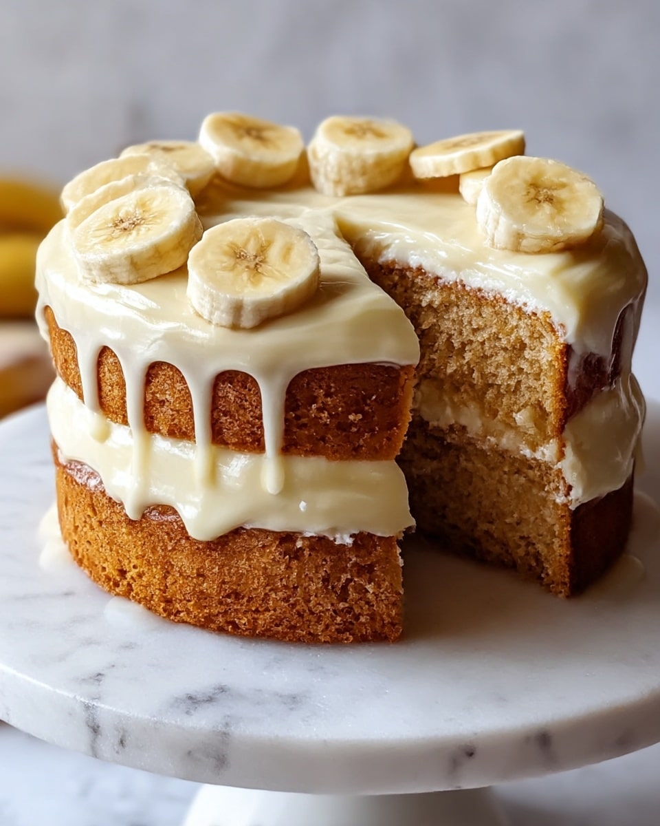 A two-layer banana cake is shown on a white marble cake stand, with a slice removed revealing the soft light brown crumb inside. Each cake layer is thick and moist, with a smooth, creamy white frosting between them and on top. On top of the frosting, evenly spaced slices of fresh banana with pale yellow and light brown centers decorate the cake. The frosting slightly drips over the edges of the cake layers, giving a rich texture. The background is a white marbled texture providing a clean contrast to the cake’s warm colors. Photo taken with an iphone --ar 4:5 --v 7