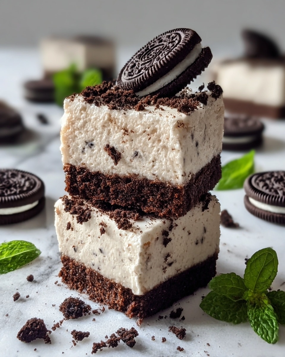 The image shows two small layered desserts stacked on top of each other. Each dessert has a bottom dark brown crumbly cookie base layer with a rough texture. Above that is a thick, creamy off-white layer with small dark specks and a soft, slightly uneven surface. The top of the stacked desserts is sprinkled with dark cookie crumbs and decorated with a whole chocolate sandwich cookie placed at an angle. Around the main dessert, there are scattered cookie crumbs, two whole chocolate sandwich cookies, and a small sprig of green mint for decoration, all set on a white marbled surface. photo taken with an iphone --ar 4:5 --v 7