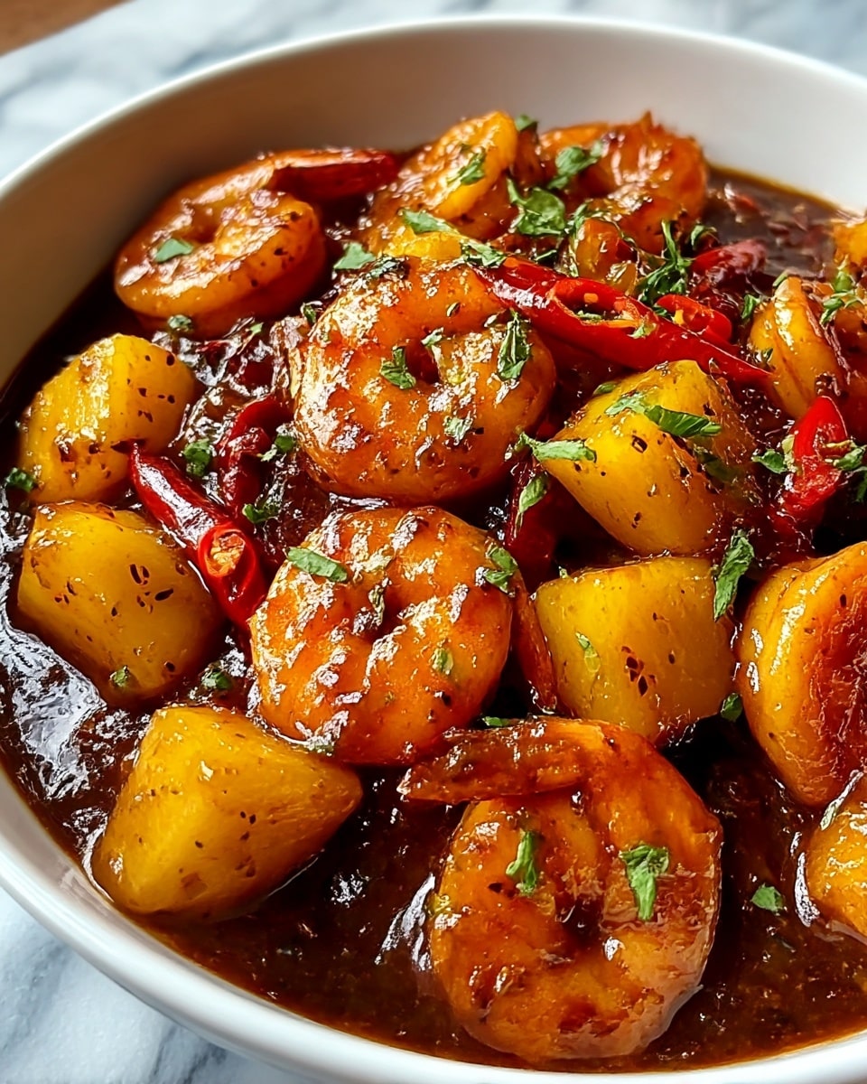 A close-up of a white bowl filled with a glossy, rich dark brown sauce covering plump, bright orange shrimp and vibrant yellow chunks of pineapple, mixed with thin red chili slices and small bits of green herbs scattered on top, all sitting on a white marbled surface. Photo taken with an iphone --ar 4:5 --v 7