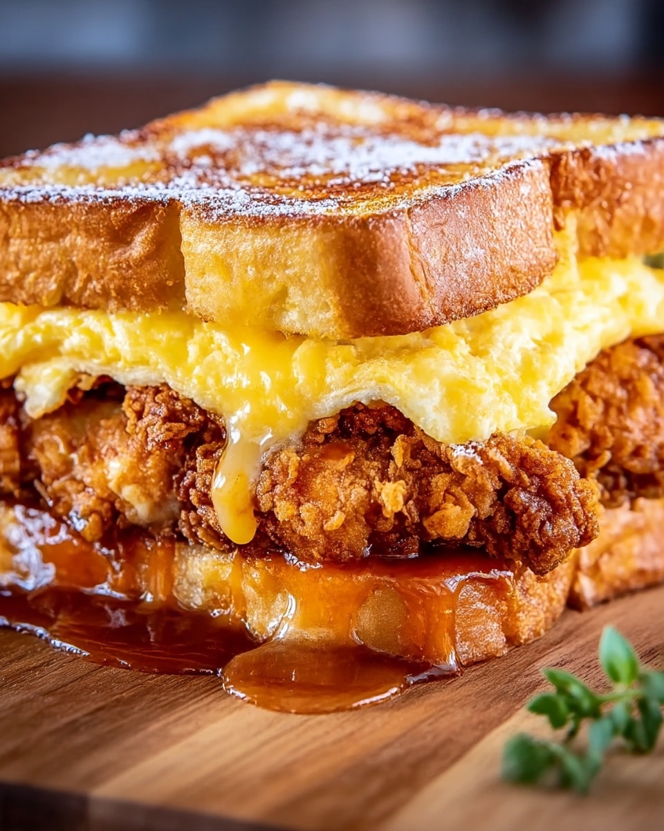 A thick sandwich with three main layers is shown close-up on a wooden surface. The bottom layer is a golden-brown fried chicken piece coated with shiny sauce that drips slightly. Above it, there is a layer of crispy fried chicken with a crunchy, rough texture. On top of that is a folded yellow scrambled egg with some shiny melted cheese dripping down the sides. The sandwich is held together by two slices of toasted bread that are golden with a slightly crispy crust, dusted with powdered sugar on top. A small green herb is seen blurred in the background on the right. photo taken with an iphone --ar 4:5 --v 7