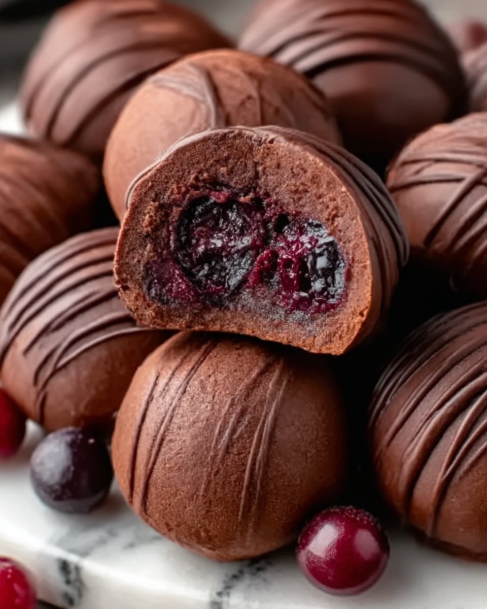 The image shows a close-up of round chocolate balls arranged closely together on a white marbled surface. There are at least two layers of these chocolate balls visible, with the top layer featuring one ball cut open to show a soft, dark chocolate and berry filling inside. The outer layer of the balls is smooth and glossy chocolate with fine drizzle lines on top for decoration. Some small berries are placed near the base of the chocolate balls, adding a touch of dark purple and red color. The overall look is rich and tempting. photo taken with an iphone --ar 4:5 --v 7