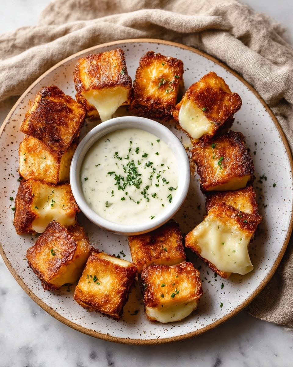 A white speckled plate sits on a white marbled surface, filled with several toasted, golden-brown cheese cubes arranged around a small white bowl of creamy white dipping sauce sprinkled with green herbs. Each cheese cube shows a crispy, browned outer layer with melted, gooey cheese oozing from the middle, showcasing a rich, creamy texture and slightly uneven edges. The cubes are garnished lightly with finely chopped green herbs, adding a touch of color contrast to the warm tones of the cheese and toast. A soft beige cloth lies casually next to the plate, enhancing the cozy, inviting feel of the dish. photo taken with an iphone --ar 4:5 --v 7
