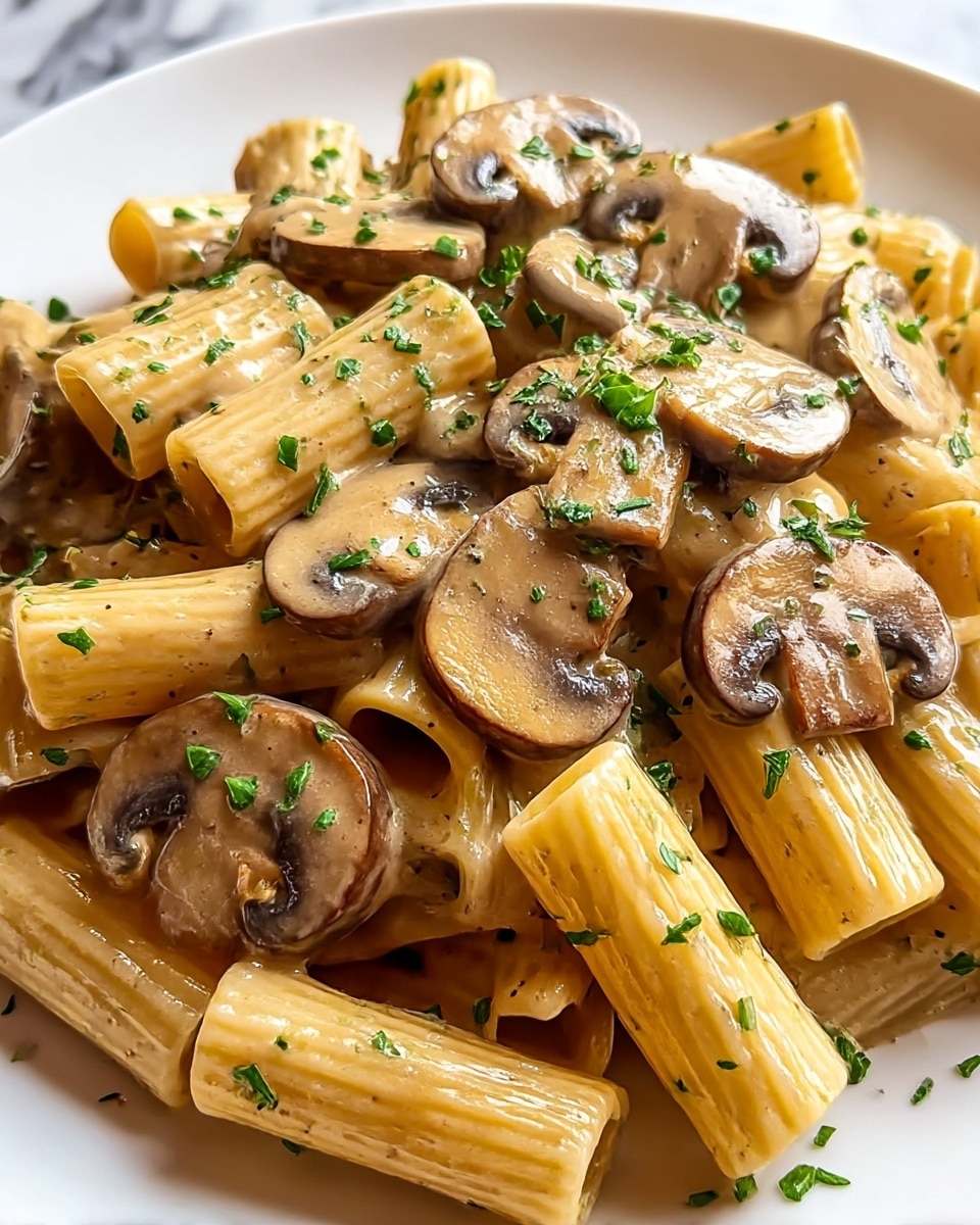 A close-up of a white plate filled with rigatoni pasta mixed with sliced mushrooms in a creamy beige sauce. The rigatoni is light golden yellow with ridges, while the mushrooms are cooked to a soft brown with a glossy texture. The dish is topped with small chopped green herbs scattered evenly over the pasta and sauce, creating a fresh contrast. The plate rests on a white marbled texture surface. photo taken with an iphone --ar 4:5 --v 7
