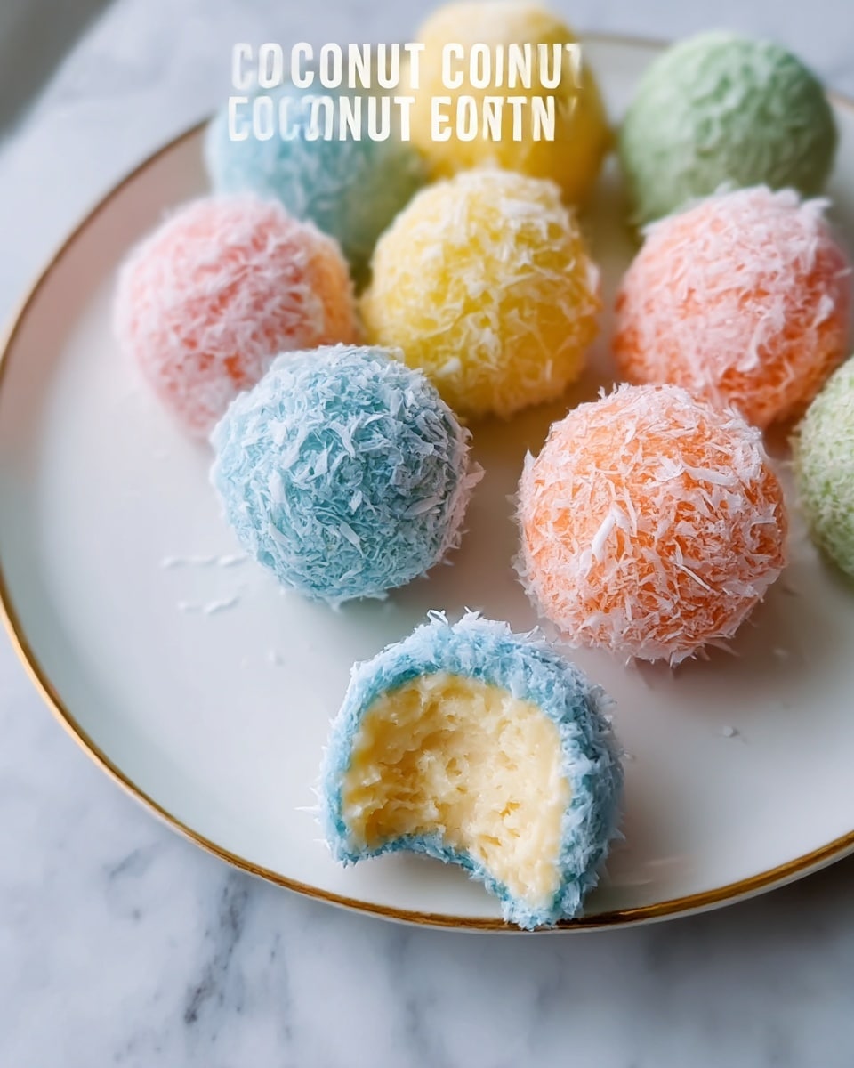 A white plate with a gold rim holds a selection of colorful coconut balls. The balls are round, each covered in shredded coconut flakes, and come in pastel colors: blue, pink, yellow, green, and orange. One blue ball in the front is partially bitten, showing a creamy pale yellow inside with a smooth texture. The plate sits on a white marbled surface. photo taken with an iphone --ar 4:5 --v 7