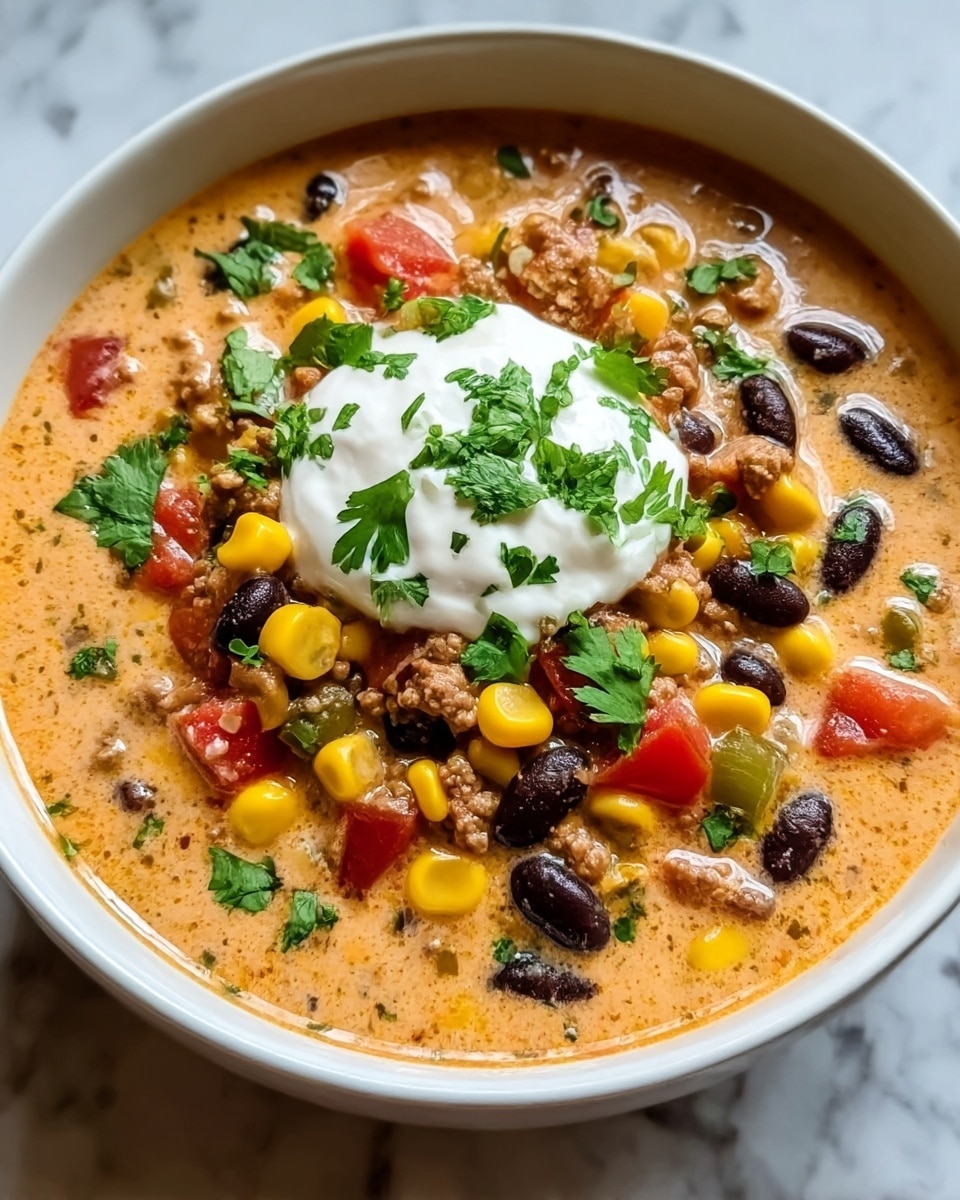 A bowl of creamy soup with three main layers visible: the base layer is smooth and light orange with a creamy texture, filled with chunks of browned ground meat, yellow corn kernels, black beans, bright red tomato pieces, and green pepper bits spread throughout. On top, a dollop of white sour cream sits at the center, surrounded by sprinkled fresh green cilantro leaves, adding color contrast. The bowl is white, and it sits on a white marbled surface, creating a clean, bright background. photo taken with an iphone --ar 4:5 --v 7