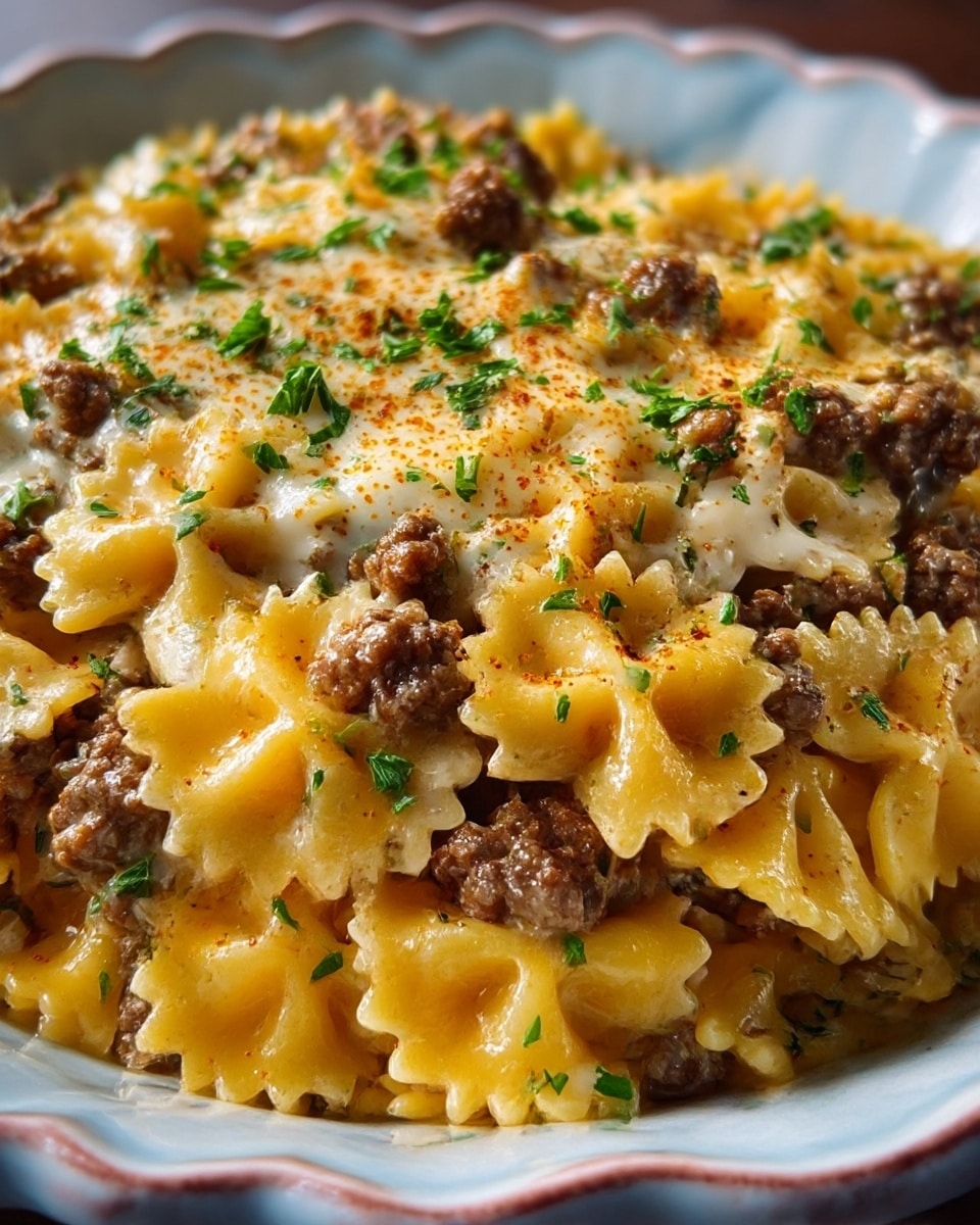 A close-up of a plate with three layers: the bottom layer is a white marbled surface covered by al dente bowtie pasta with a golden yellow color and smooth texture, the middle layer consists of browned ground beef scattered evenly, and the top layer is a melted creamy cheese that appears slightly white with golden spots, sprinkled with finely chopped green parsley and a light dusting of reddish seasoning. The dish is served in a white plate with scalloped edges, and the image has a sharp focus on the textures and colors of the ingredients. Photo taken with an iphone --ar 4:5 --v 7