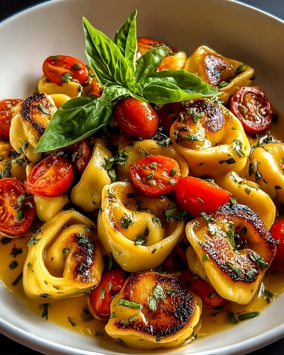 The image shows a white bowl filled with about twelve pieces of golden-brown grilled tortellini pasta, each piece slightly shiny with a light sauce coating. Scattered between the pasta are halved cherry tomatoes, bright red and juicy, adding color contrast. Small green chopped herbs are sprinkled all over, with a small sprig of fresh basil placed on top in the center for decoration. The dish looks warm and inviting, with a rich buttery and slightly oily glaze pooling slightly at the bottom of the bowl. The background shows a smooth white marbled surface. Photo taken with an iphone --ar 4:5 --v 7