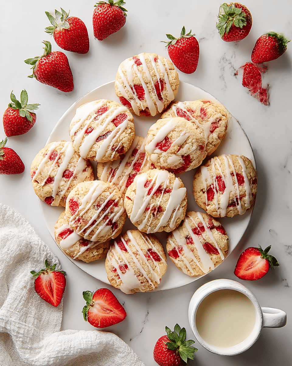 A white plate holds ten round cookies with a crumbly light golden base and bright red strawberry pieces unevenly spread throughout. Each cookie is topped with white icing drizzled in thin, diagonal lines. Around the plate, fresh whole and halved strawberries with green leaves are scattered on a white marbled surface. Next to the cookies is a small white ceramic cup filled with creamy milk. A lightly textured white cloth is partially visible in the lower corner. Photo taken with an iphone --ar 4:5 --v 7