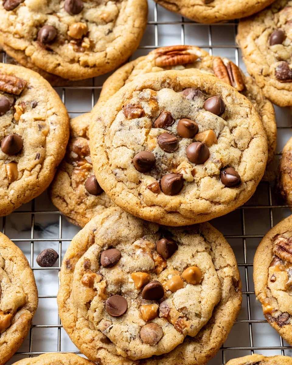 A close-up view of several large, round cookies stacked and spread out on a cooling rack over a white marbled surface, each cookie having a light golden-brown color with a slightly cracked texture. The cookies are studded generously with dark brown chocolate chips, caramel-colored butterscotch chips, and pecan nut pieces that add rough texture and rich brown tones. The cookies show a mix of smooth, glossy chocolate chips and crunchy, irregular nuts embedded in the soft, crumbly dough. The cooling rack's grid lines create a subtle pattern beneath the cookies, adding contrast to the soft, warm textures above photo taken with an iphone --ar 4:5 --v 7
