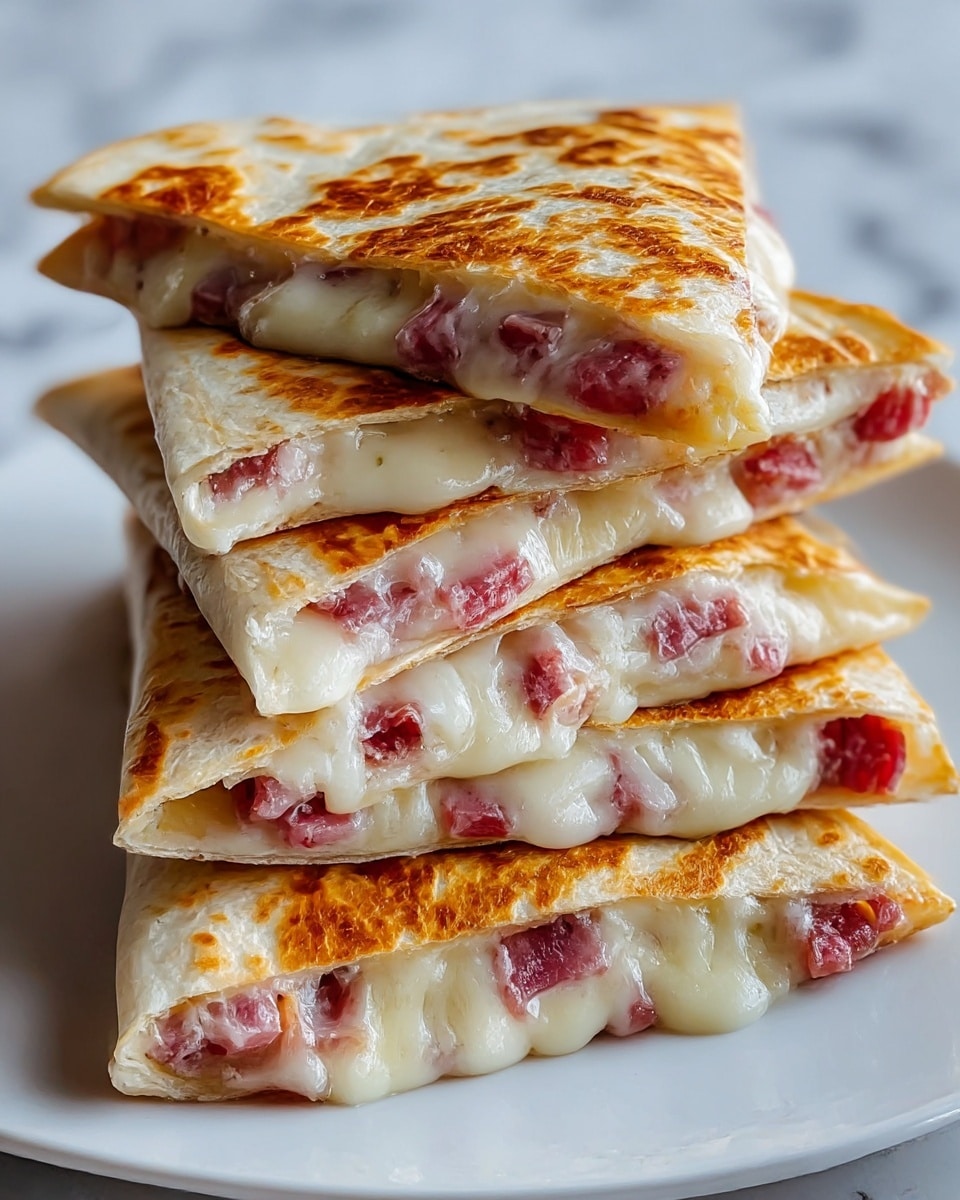 A stack of four triangular quesadilla pieces is shown on a white plate with a white marbled texture in the background. Each piece has a golden brown, crispy outer layer with visible toasted spots. The quesadillas are filled with melted, creamy white cheese that oozes slightly at the edges, combined with finely chopped pinkish-red meat layered inside. The pieces are stacked slightly tilted on top of each other, showing the layers clearly with the cheesy filling and meat inside. Photo taken with an iphone --ar 4:5 --v 7