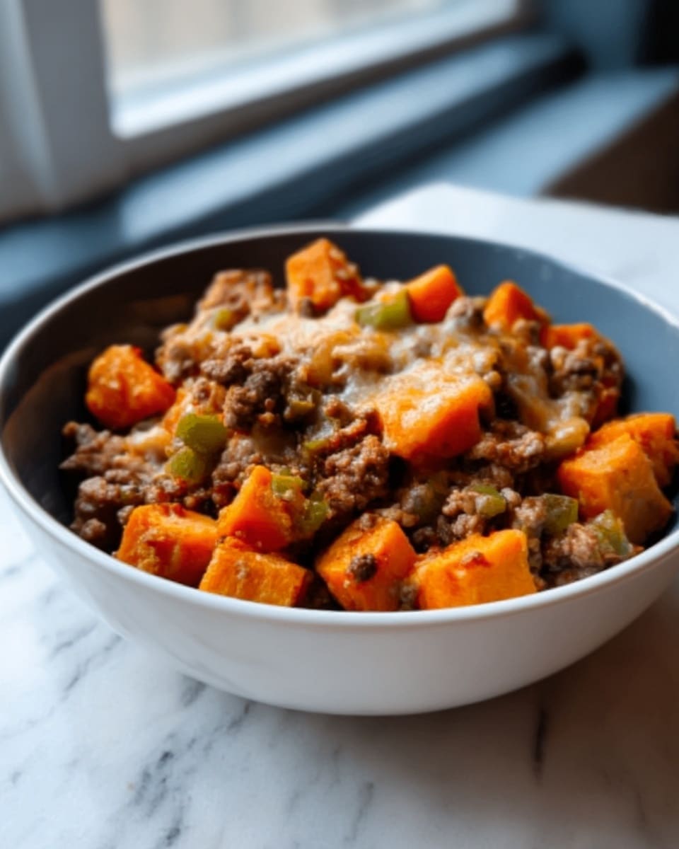 A white bowl filled with a layered dish consisting of chunky cooked ground meat, bright orange sweet potato cubes, and small green pepper pieces mixed in. The top layer is melted cheese with a slightly golden texture, covering the ingredients unevenly. The bowl sits on a white marbled surface with soft natural light coming from a window in the background. Photo taken with an iphone --ar 4:5 --v 7