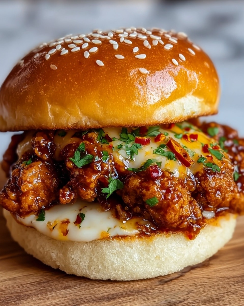 A close-up of a sandwich with three main layers visible, starting with a soft, light beige bottom bun with a spongy texture; on top of it lies crispy, golden-brown fried chicken pieces glazed in a shiny dark sauce, creating a rich, textured surface. Over the chicken is a layer of melted yellow and white cheese, smooth and slightly gooey, sprinkled with finely chopped fresh green herbs and small red chili flakes. The sandwich is topped with a glossy golden-brown sesame seed bun, its surface shiny and smooth with white sesame seeds scattered on top. The sandwich is placed on a wooden surface with a subtle white marbled texture in the background. Photo taken with an iphone --ar 4:5 --v 7