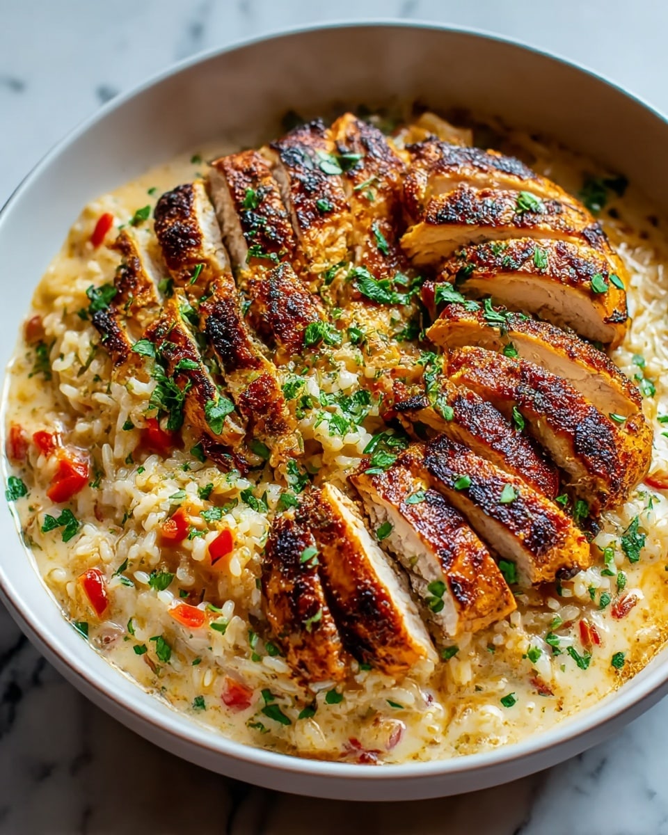 A round white bowl filled with a creamy rice base mixed with small bits of red bell pepper and herbs. On top of the rice, there are several pieces of grilled chicken, sliced to show tender, juicy meat inside with a crispy, charred golden-brown crust. The chicken pieces are sprinkled with chopped green herbs, adding a fresh touch. Steam rises gently from the warm dish, and the background is a white marbled surface. photo taken with an iphone --ar 4:5 --v 7