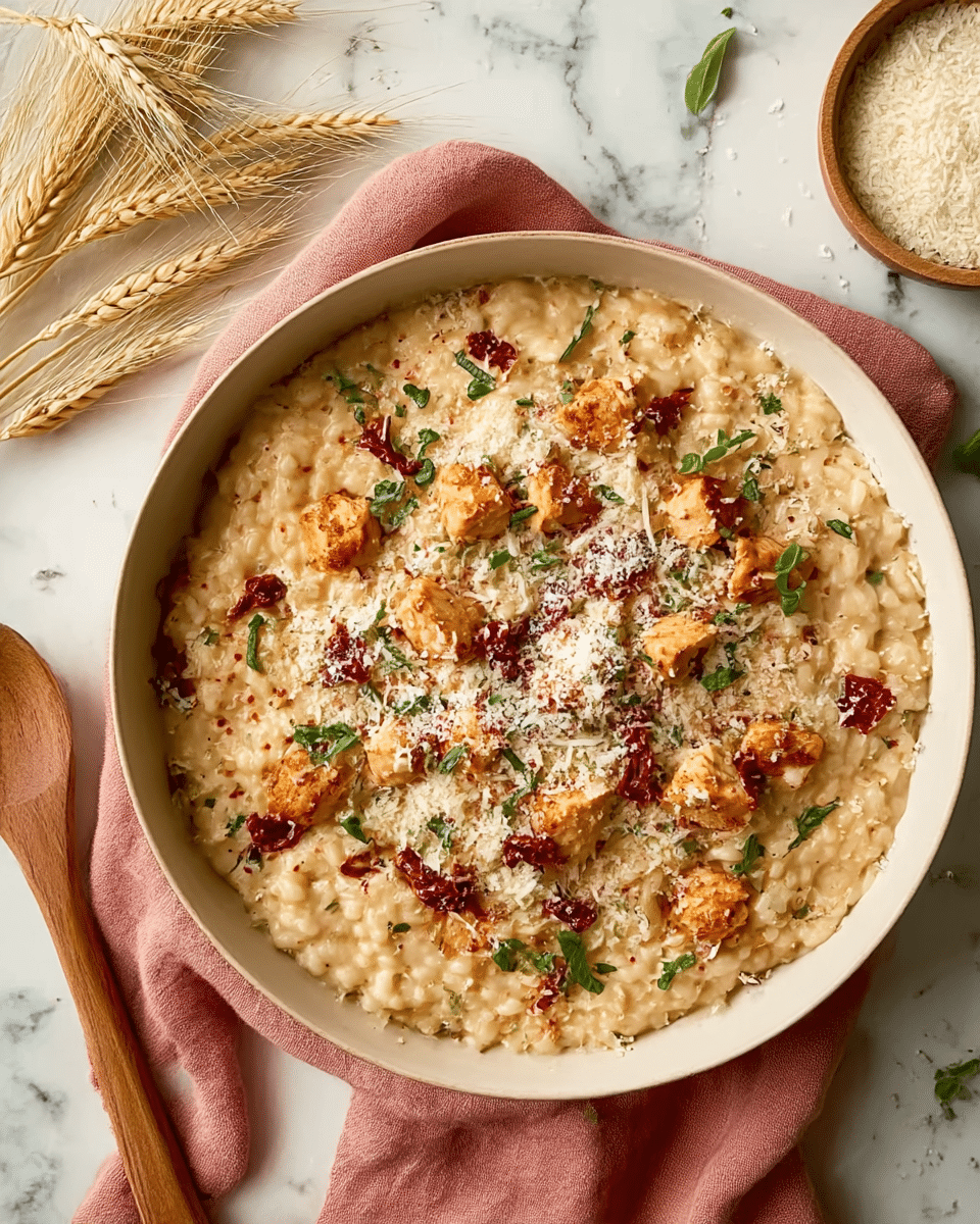 A creamy risotto dish served in a white bowl with a smooth, slightly thick texture forming the base layer, colored light beige with visible rice grains. On top, there are chunks of golden-brown cooked chicken scattered evenly across the surface. The dish is sprinkled with finely grated white cheese, small bits of dark red dried tomatoes, and fresh green herbs, adding color and texture contrasts. The bowl is placed on a soft, dusty pink cloth with a wooden spoon nearby, all set against a white marbled background with some wheat stalks and a small bowl of uncooked rice in the corner. Photo taken with an iphone --ar 4:5 --v 7