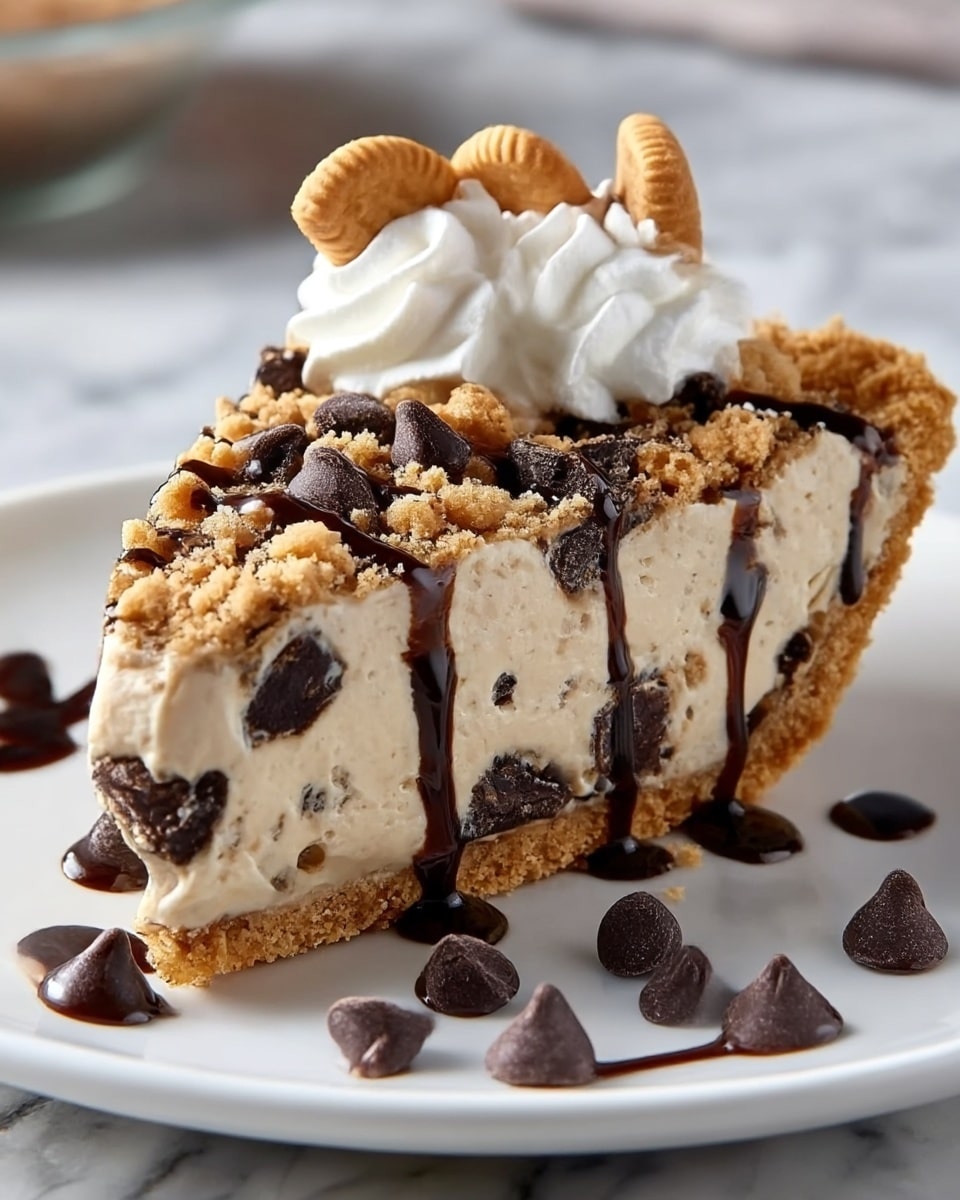 A slice of pie with a crumbly golden-brown crust forms the base, topped by a thick, creamy beige filling that contains dark chocolate chunks scattered inside. The top layer is covered with a mix of crushed cookie crumbs and small chocolate pieces. Dollops of white whipped cream sit on the very top, garnished with small light brown cookies and drizzled with dark chocolate syrup that also drips down the sides of the pie slice. Extra chocolate chips and syrup are artistically placed on the white plate around the pie. The whole scene rests on a white marbled textured surface. photo taken with an iphone --ar 4:5 --v 7