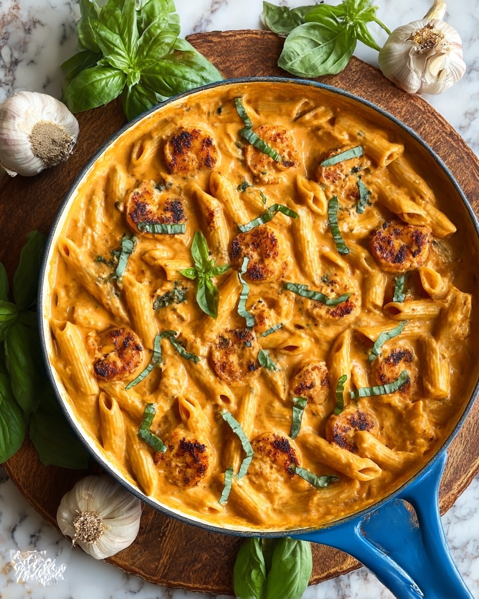 A blue pan filled with creamy orange pasta sauce and penne pasta is topped with golden brown grilled shrimp scattered evenly throughout. The pasta is coated in a smooth, rich sauce, with thin strips of fresh green basil sprinkled on top. The pan sits on a round wooden board with fresh basil leaves and garlic bulbs around it, all placed on a white marbled textured surface. The contrast of the blue pan handle with the warm tones of the dish creates a cozy and inviting look. photo taken with an iphone --ar 4:5 --v 7