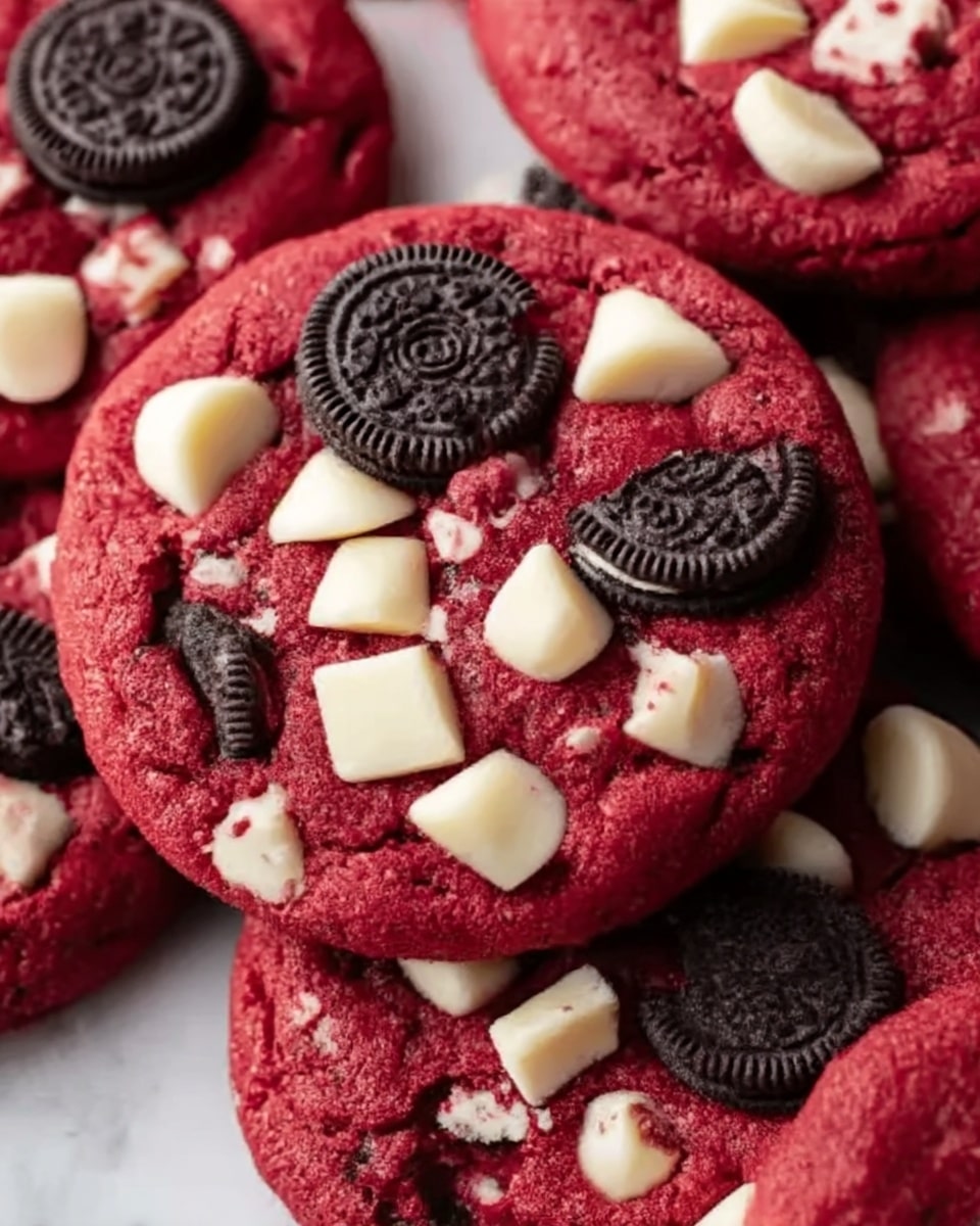 A close-up view of round red velvet cookies topped with white chocolate chunks and mini Oreo cookies. The cookies have a soft, chewy texture with bright red color showing through, and the white chocolate pieces are scattered unevenly across the top. The mini Oreos are placed on the surface, slightly pressed into the dough, adding dark brown and white contrast. The cookies are stacked casually on a white marbled background, creating a visually rich mix of colors and textures. Photo taken with an iphone --ar 4:5 --v 7