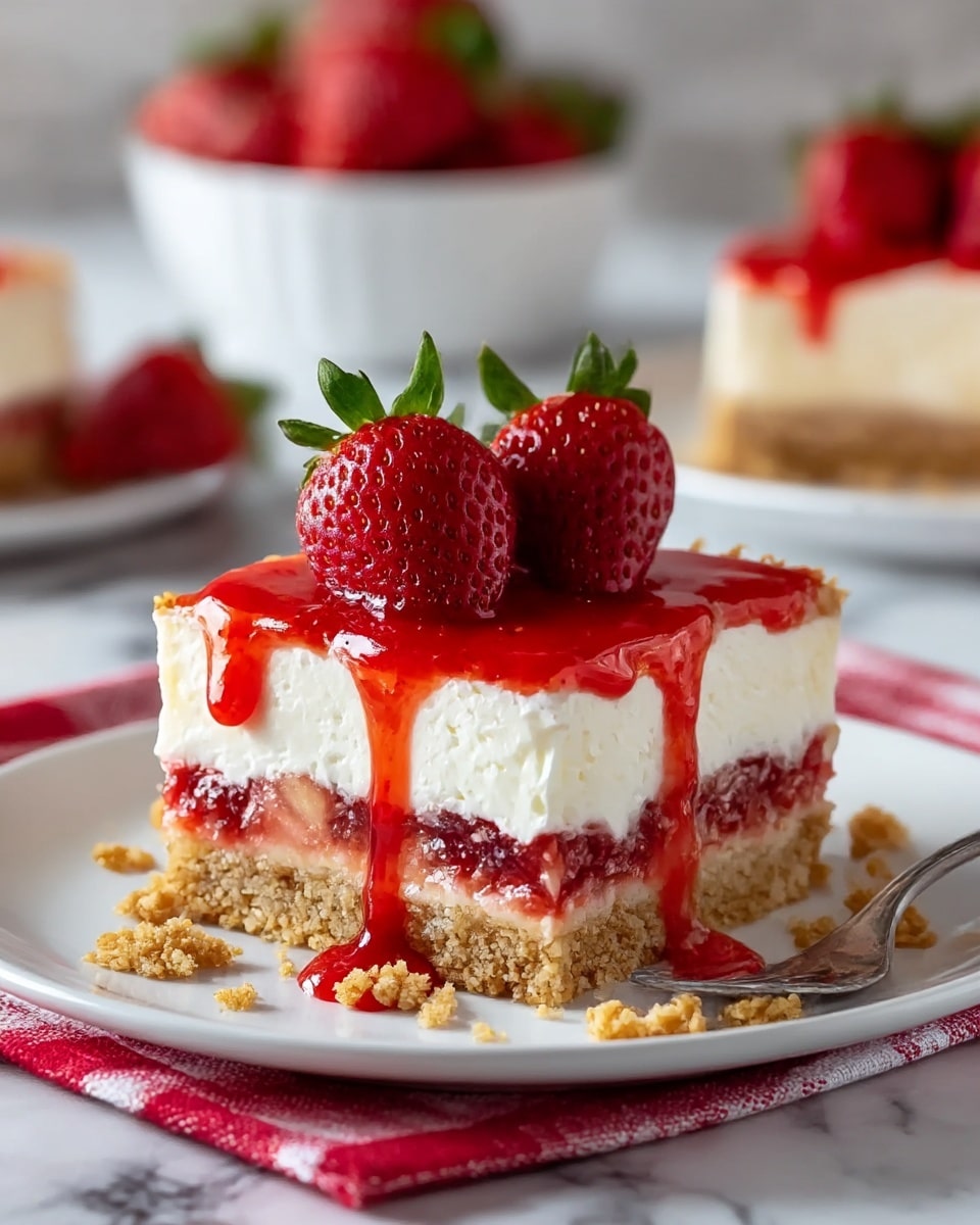 A close-up of a square strawberry cheesecake slice placed on a white plate, resting on a red and white cloth atop a white marbled surface; the dessert has four distinct layers starting with a light brown crumbly crust at the bottom, followed by a thick white creamy cheese layer, a bright red strawberry jam layer with visible strawberry bits, and topped by a smooth white cream layer. On top, two whole fresh strawberries with green leaves sit in the center, covered partly by a glossy red strawberry sauce that drips down the sides, alongside small crumbles of the crust scattered around. In the background, there is a blurred white bowl with strawberries and another plate with a similar strawberry cheesecake slice. photo taken with an iphone --ar 4:5 --v 7