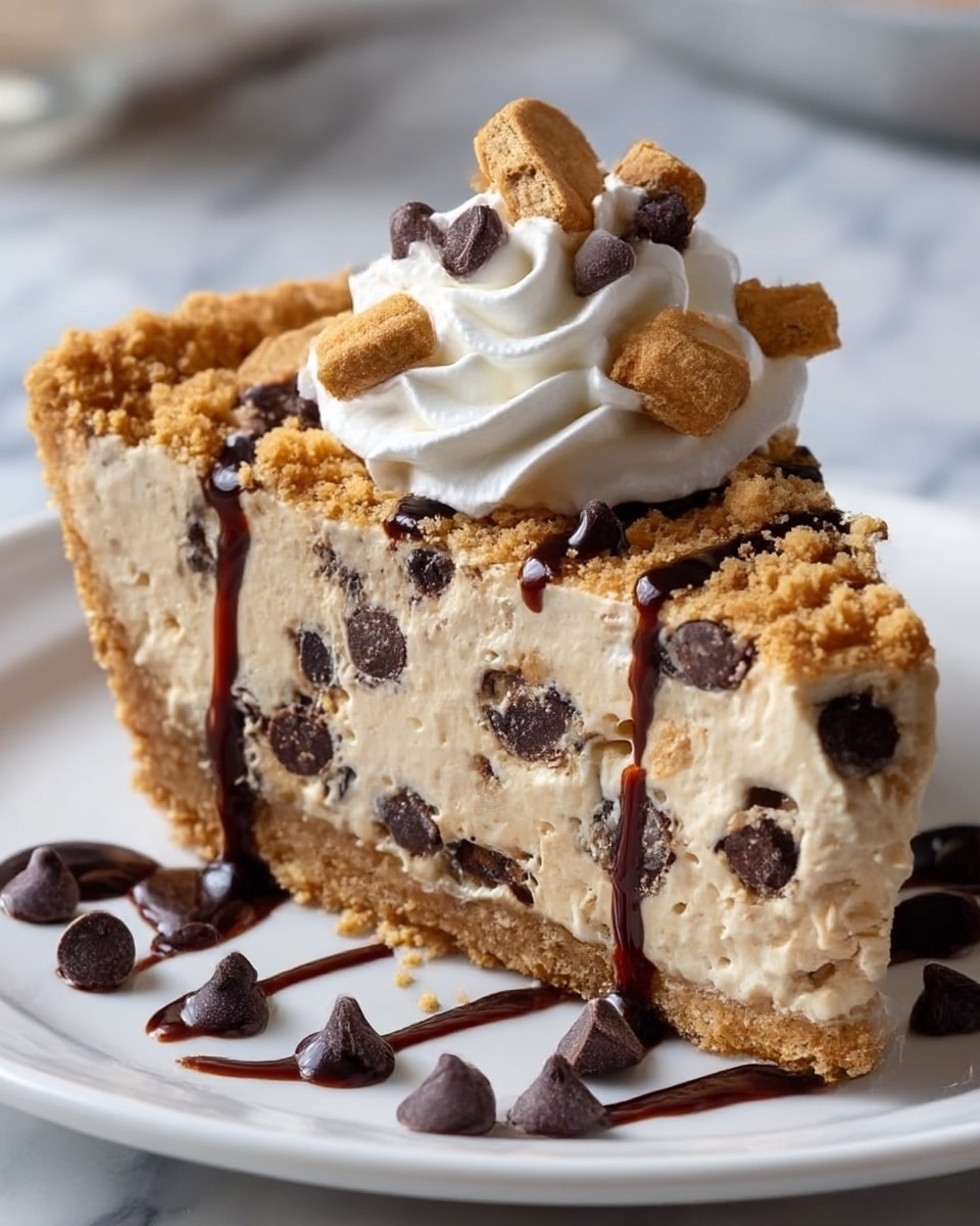 A slice of creamy pie with three visible layers sits on a white plate over a white marbled texture. The bottom layer is a firm, crumbly light brown crust. The middle layer is thick and pale tan, flecked with dark chocolate chips spread throughout, giving it a slightly rough texture. The top layer has a sprinkling of crumbled light brown crumbs and scattered dark chocolate chips. On top of the pie, there is a generous swirl of white whipped cream, decorated with small light brown cookie pieces and drizzled with thin, glossy dark chocolate sauce that also streams down the side onto the plate, where more chocolate chips and sauce are scattered. Photo taken with an iphone --ar 4:5 --v 7
