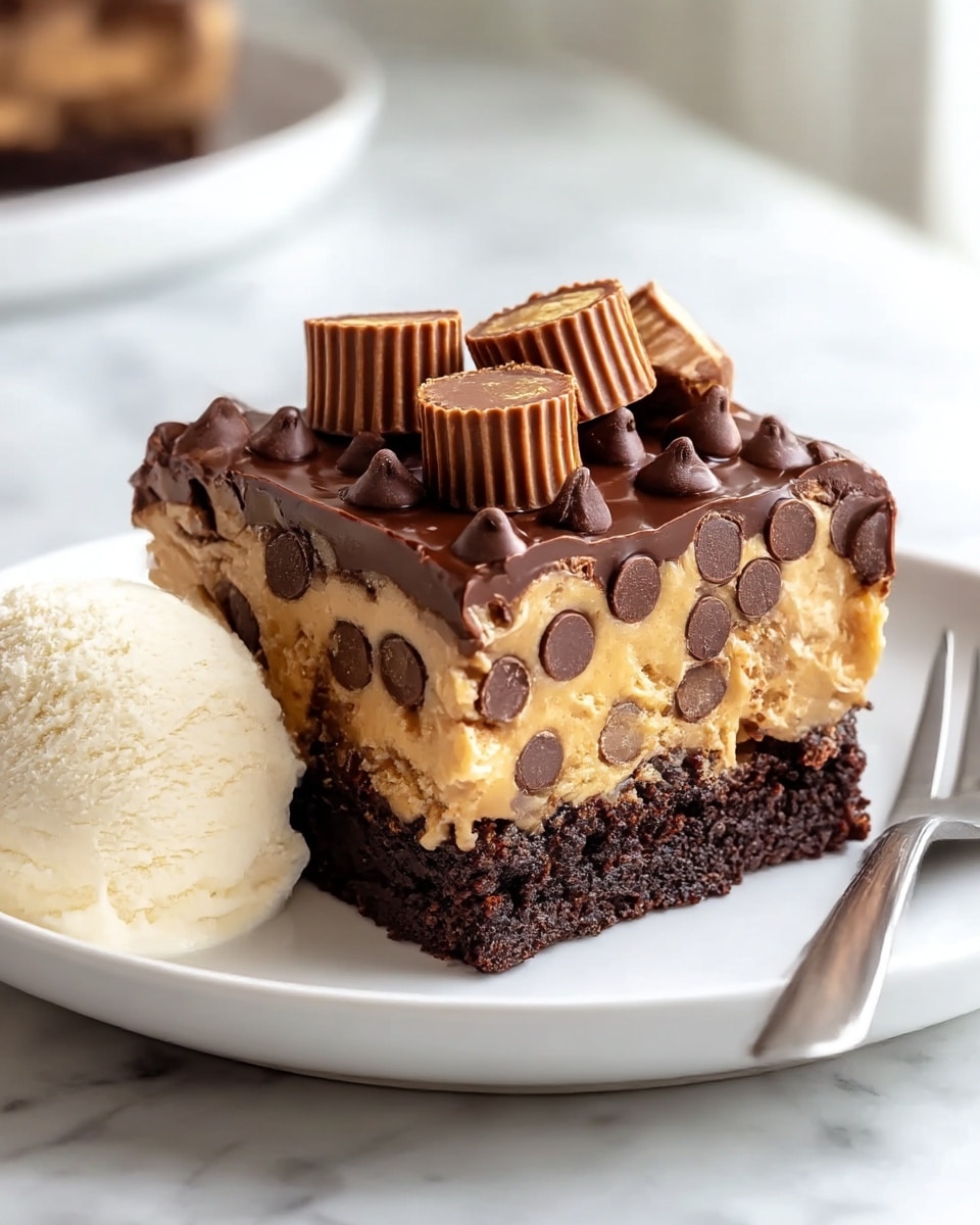 A thick square piece of chocolate peanut butter dessert sits on a white plate with a scoop of vanilla ice cream on the side. The dessert has four layers: the bottom layer is dark chocolate brownie with a moist texture, followed by a thin layer of creamy peanut butter with small chocolate chips embedded in it. Above this is a thicker peanut butter layer, smooth and slightly creamy, dotted with round chocolate chips. The top layer is glossy melted chocolate sprinkled with several small chocolate chips and several mini peanut butter cups, some of which are cut to show the peanut butter inside. The plate rests on a white marbled texture surface with soft natural light in the background. Photo taken with an iphone --ar 4:5 --v 7