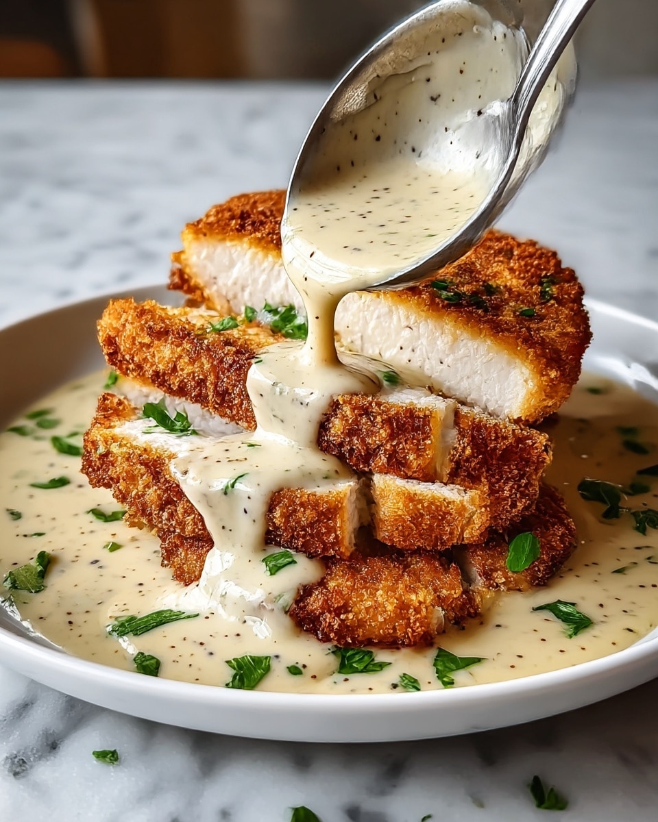 A white plate holds a golden brown breaded chicken cut into thick slices arranged in one layer. On top of the chicken, creamy white sauce with specks of black pepper is being poured from a metal ladle, creating a smooth, rich layer that covers part of the chicken and pools around it on the plate. Small green parsley leaves are scattered on the chicken and sauce, adding fresh color. The whole scene is set against a white marbled textured surface. photo taken with an iphone --ar 4:5 --v 7