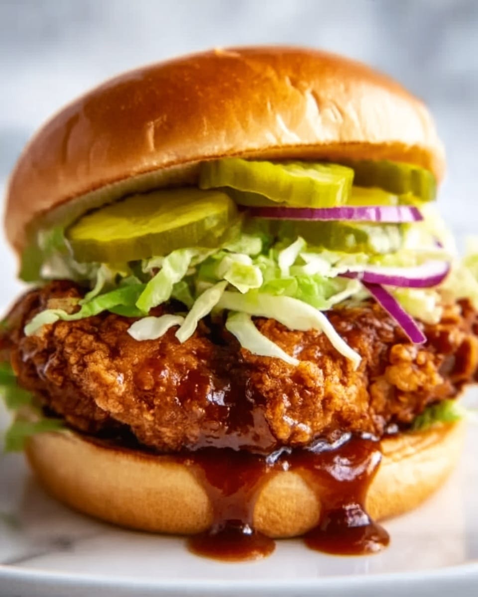 A close-up of a fried chicken sandwich with three visible layers on a soft, light brown bun. The bottom bun holds a thick piece of crispy, dark golden-brown fried chicken with sticky dark sauce dripping down the side. On top of the chicken is a layer of shredded pale green lettuce mixed with thin slices of purple onion. Above the lettuce are several bright green pickle slices. The sandwich is set on a white plate against a white marbled background. Photo taken with an iphone --ar 4:5 --v 7