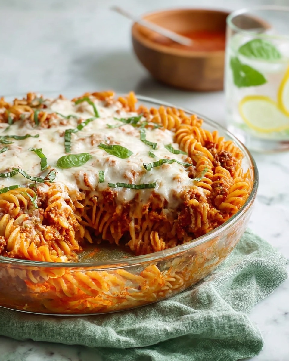 A clear round glass dish holds a baked pasta dish with three visible layers: the bottom layer is twisted rotini pasta in bright orange-red tomato sauce, the middle layer is ground meat mixed with sauce showing a rich brown color, and the top layer is melted white cheese sprinkled with thin green basil strips. A portion is missing, showing the layered inside. The dish sits on a wrinkled green cloth on a white marbled surface, with a blurred glass of lemon and mint water and a wooden bowl of sauce in the background. Photo taken with an iphone --ar 4:5 --v 7