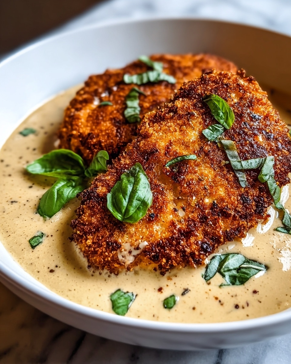A close-up view of two golden-brown, crispy breaded chicken cutlets arranged on top of a thick, creamy beige sauce that covers the base of a deep white bowl. The cutlets have a textured crust with visible seasoning and slight charring, giving them a crunchy appearance. Fresh green basil leaves are scattered over the chicken and sauce, adding a pop of color and freshness. The bowl is placed on a white marbled surface. photo taken with an iphone --ar 4:5 --v 7