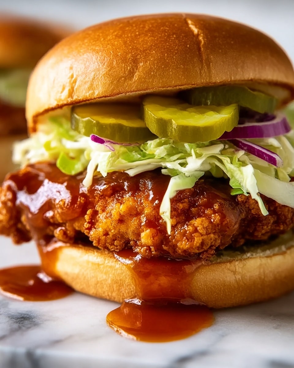 A close-up view of a fried chicken sandwich on a soft, golden tan bun with a smooth top layer. Inside, there is one thick, crispy fried chicken fillet coated in a crunchy, golden brown crust, covered with glossy, dark orange-brown sauce that drips slightly onto the white marbled surface below. On top of the chicken, there is a layer of shredded pale green lettuce mixed with thin slices of purple onion, and two bright green pickle slices sit above the lettuce. The sandwich rests directly on a white marbled surface with more sauce dripping from the bottom layer. photo taken with an iphone --ar 4:5 --v 7