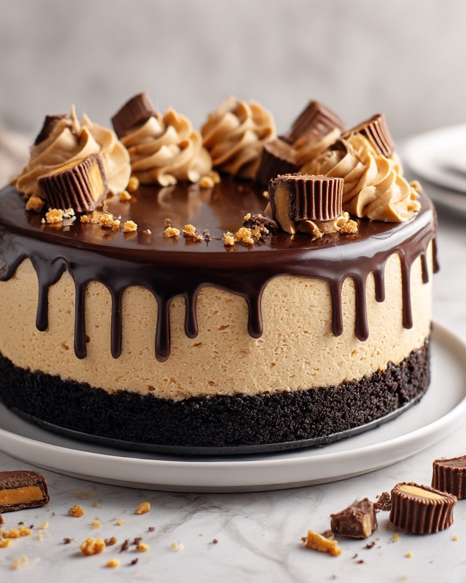 The cake has three clear layers starting with a dark, crumbly chocolate base at the bottom. Above it is a thick, light tan layer with a smooth, fluffy texture. The top layer is a shiny, dark chocolate glaze that drips down the sides unevenly. On top, there are swirls of light brown frosting and pieces of chocolate candy with a peanut butter center, scattered along with small crumbs. The cake sits on a white plate on a white marbled surface with some crumbs and candy pieces around it. Photo taken with an iphone --ar 4:5 --v 7