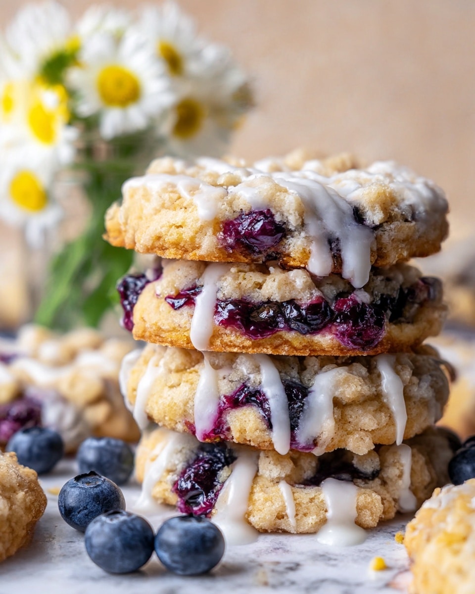 The image shows a stack of crumbly blueberry cookies with three main layers: a golden crumbly topping with a rough texture and small chunks, a middle layer filled with juicy, shiny dark-purple blueberries, and a bottom crumbly layer that looks soft and slightly golden. The cookies are drizzled with a thin white icing that flows down the sides, adding contrast. Around the cookies, there are fresh blueberries and a small glass jar holding white and yellow flowers. The whole scene is set on a white marbled surface. photo taken with an iphone --ar 4:5 --v 7